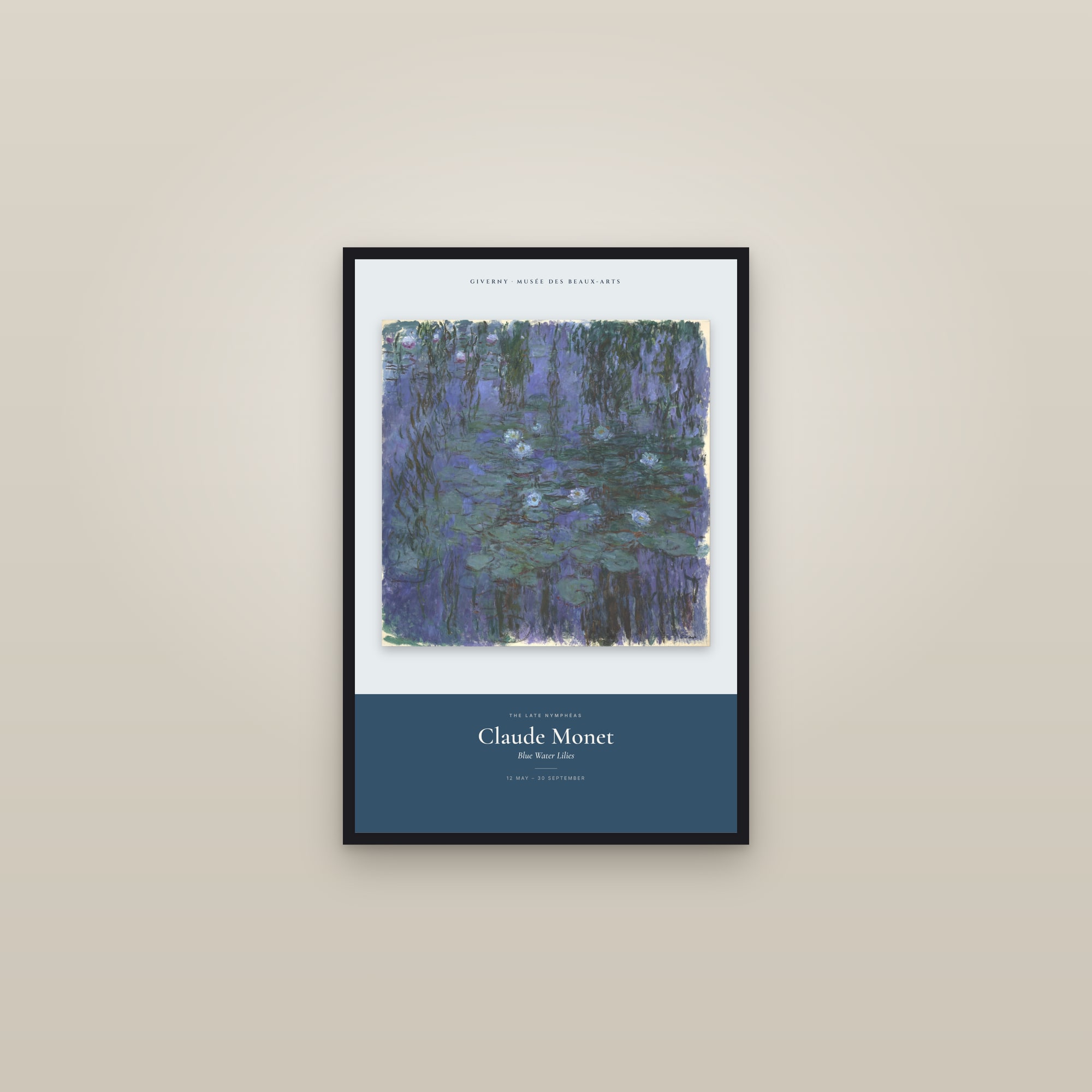Blue Water Lilies — Exhibition Poster — framed in a gallery setting