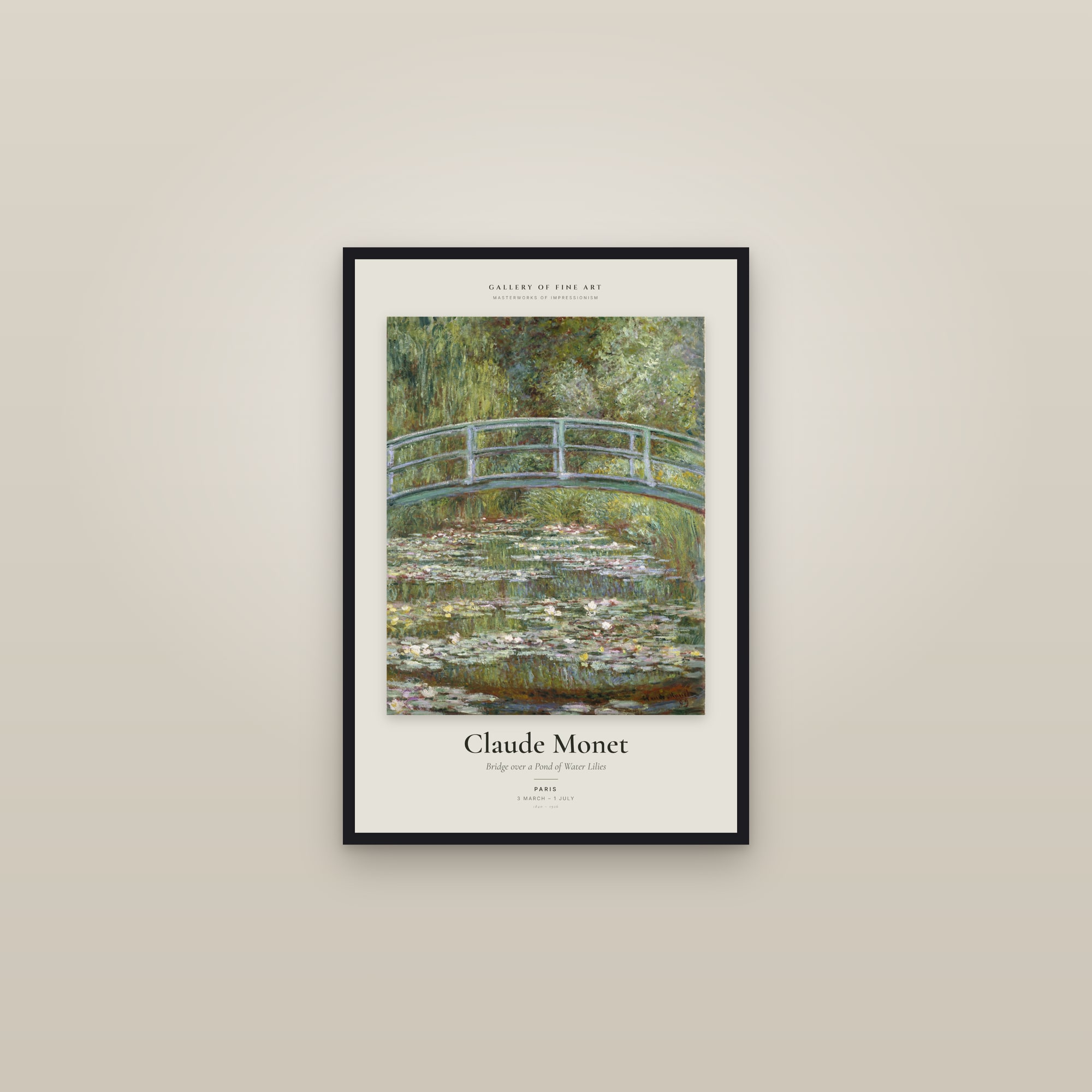 Bridge over a Pond of Water Lilies — Exhibition Poster — framed in a gallery setting
