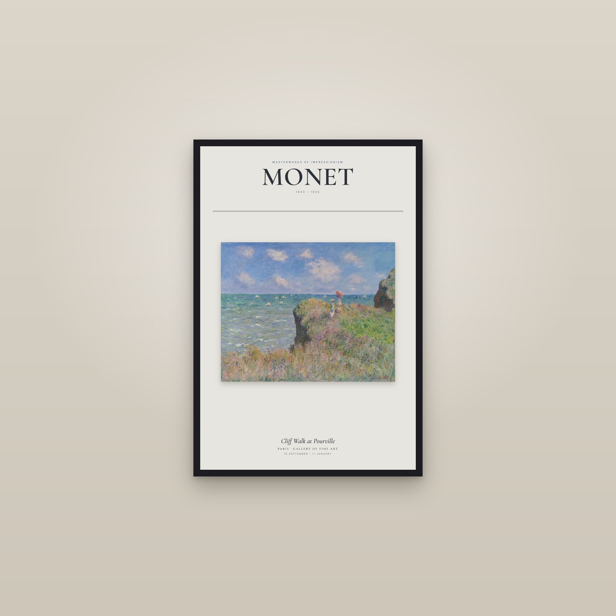 Cliff Walk at Pourville — Exhibition Poster — framed in a gallery setting