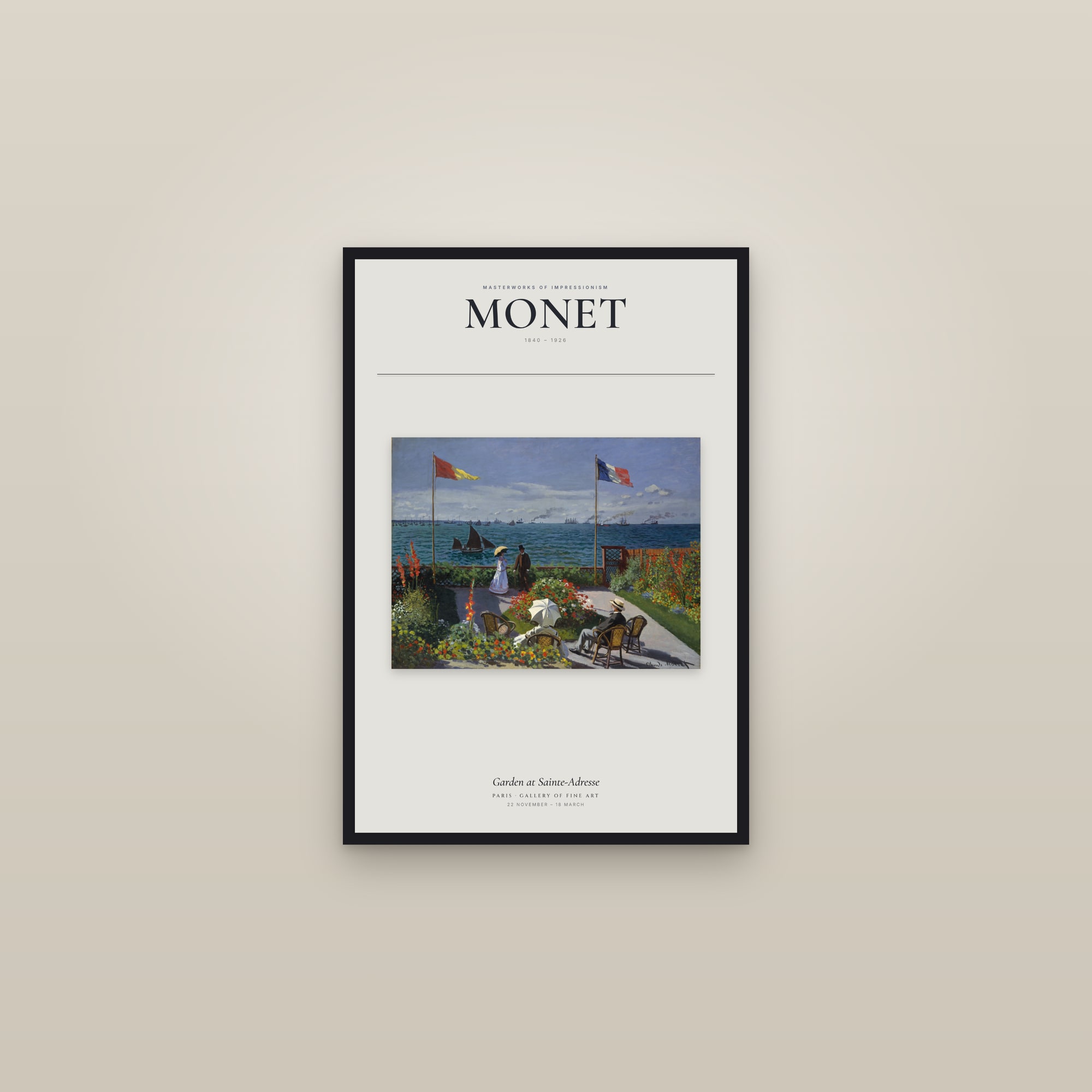 Garden at Sainte-Adresse — Exhibition Poster — framed in a gallery setting