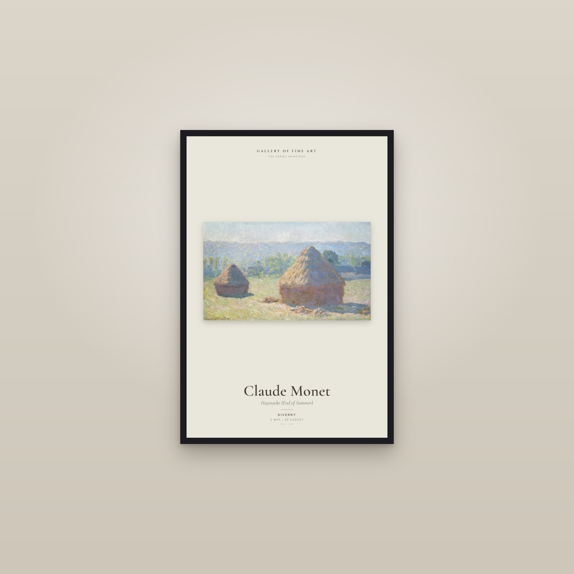 Haystacks (End of Summer) — Exhibition Poster — framed in a gallery setting
