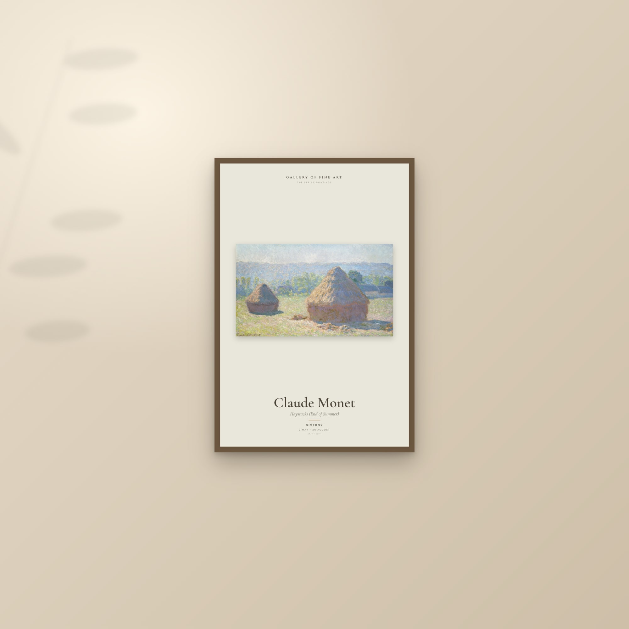 Haystacks (End of Summer) — Exhibition Poster — framed and styled on a sunlit wall
