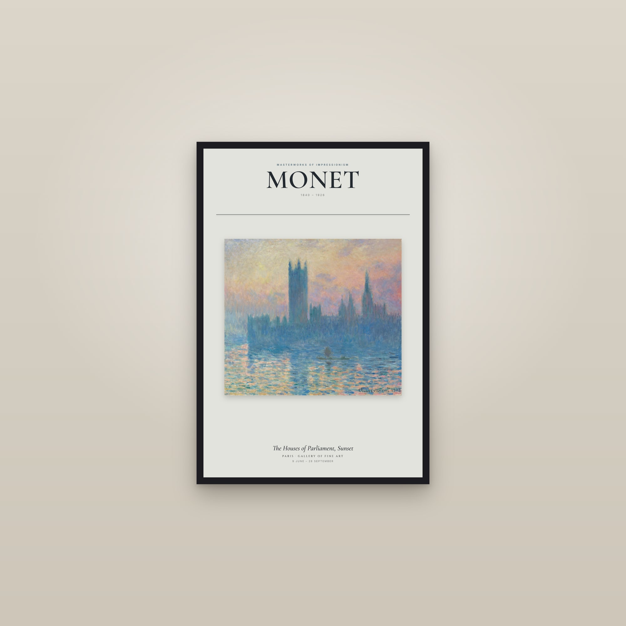The Houses of Parliament, Sunset — Exhibition Poster — framed in a gallery setting