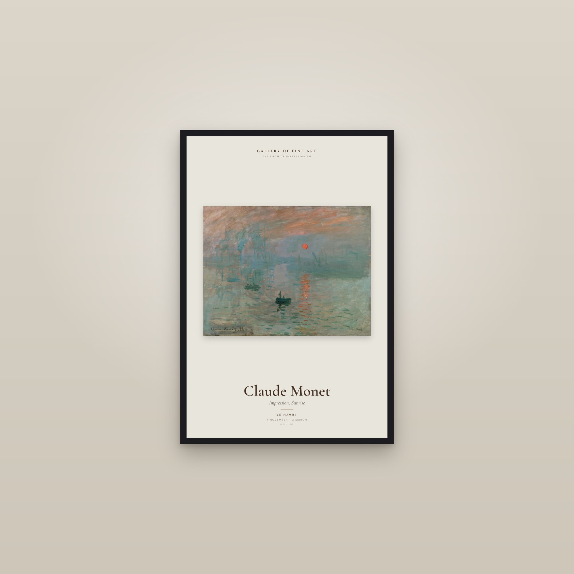 Impression, Sunrise — Exhibition Poster — framed in a gallery setting