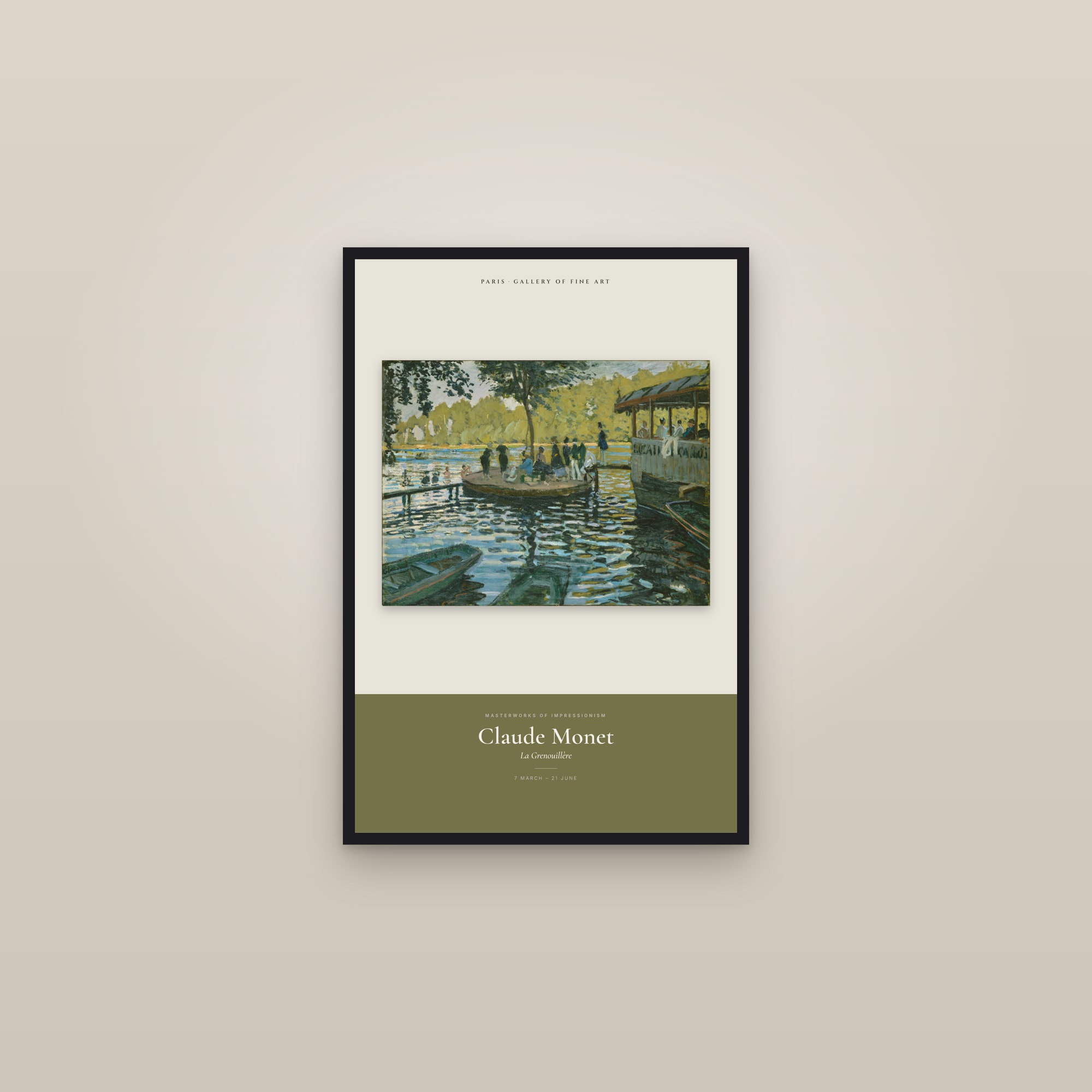 La Grenouillère — Exhibition Poster — framed in a gallery setting