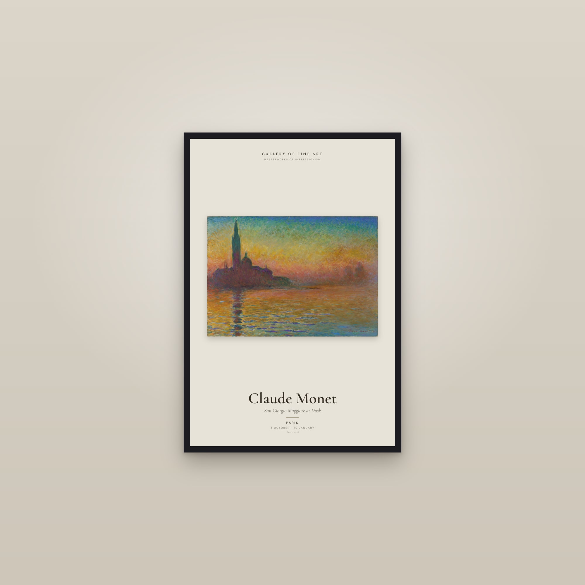 San Giorgio Maggiore at Dusk — Exhibition Poster — framed in a gallery setting
