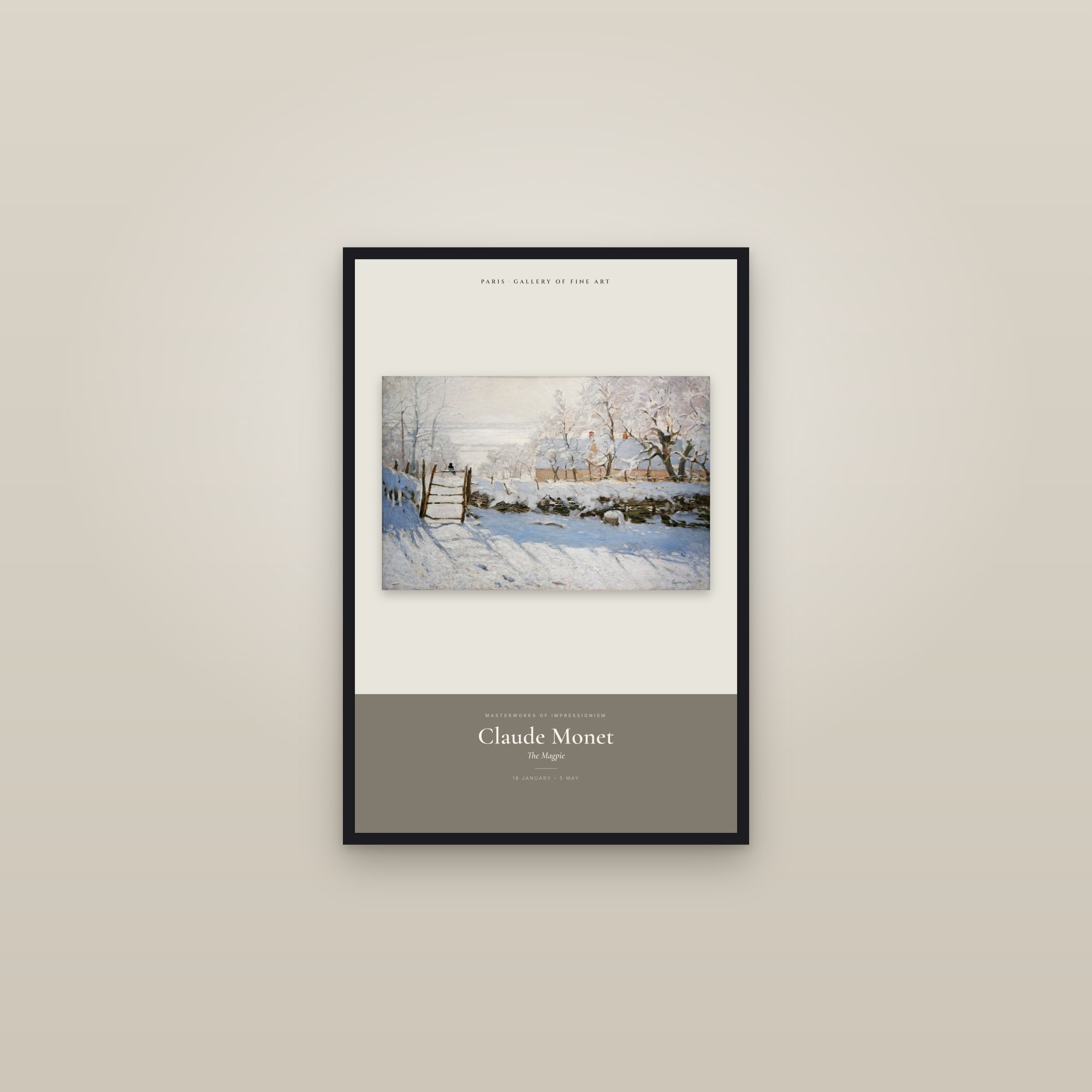 The Magpie — Exhibition Poster — framed in a gallery setting