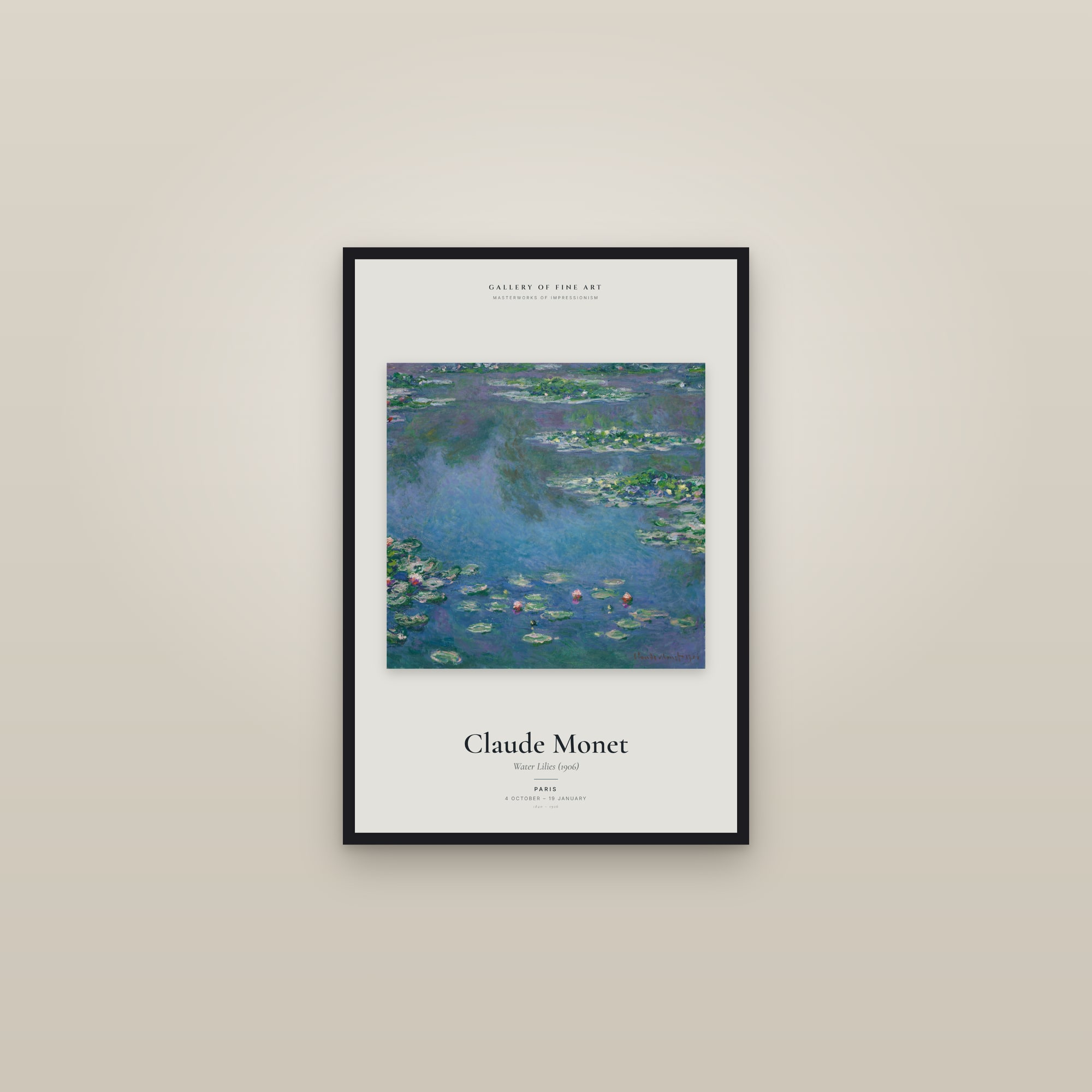 Water Lilies (1906) — Exhibition Poster — framed in a gallery setting