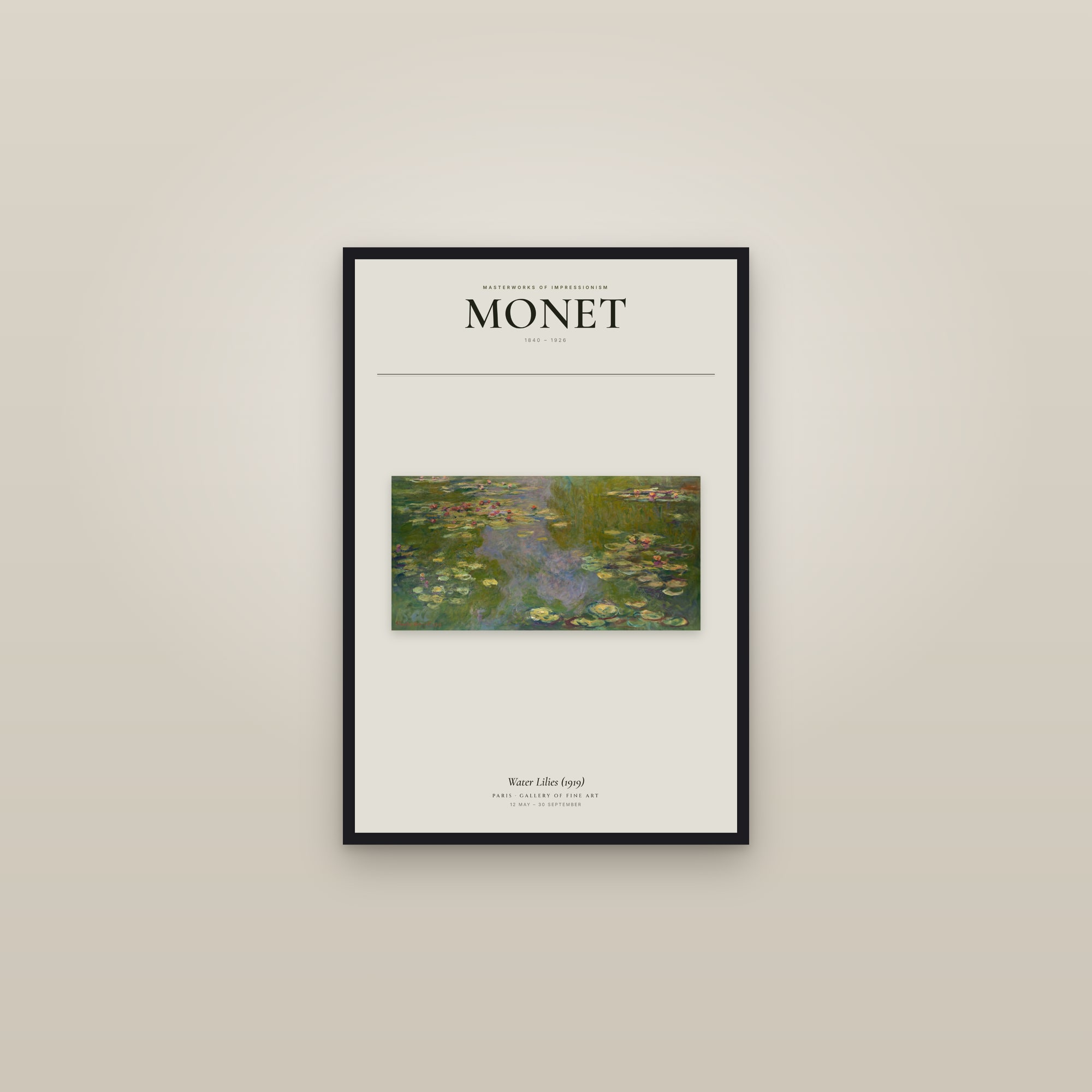 Water Lilies (1919) — Exhibition Poster — framed in a gallery setting