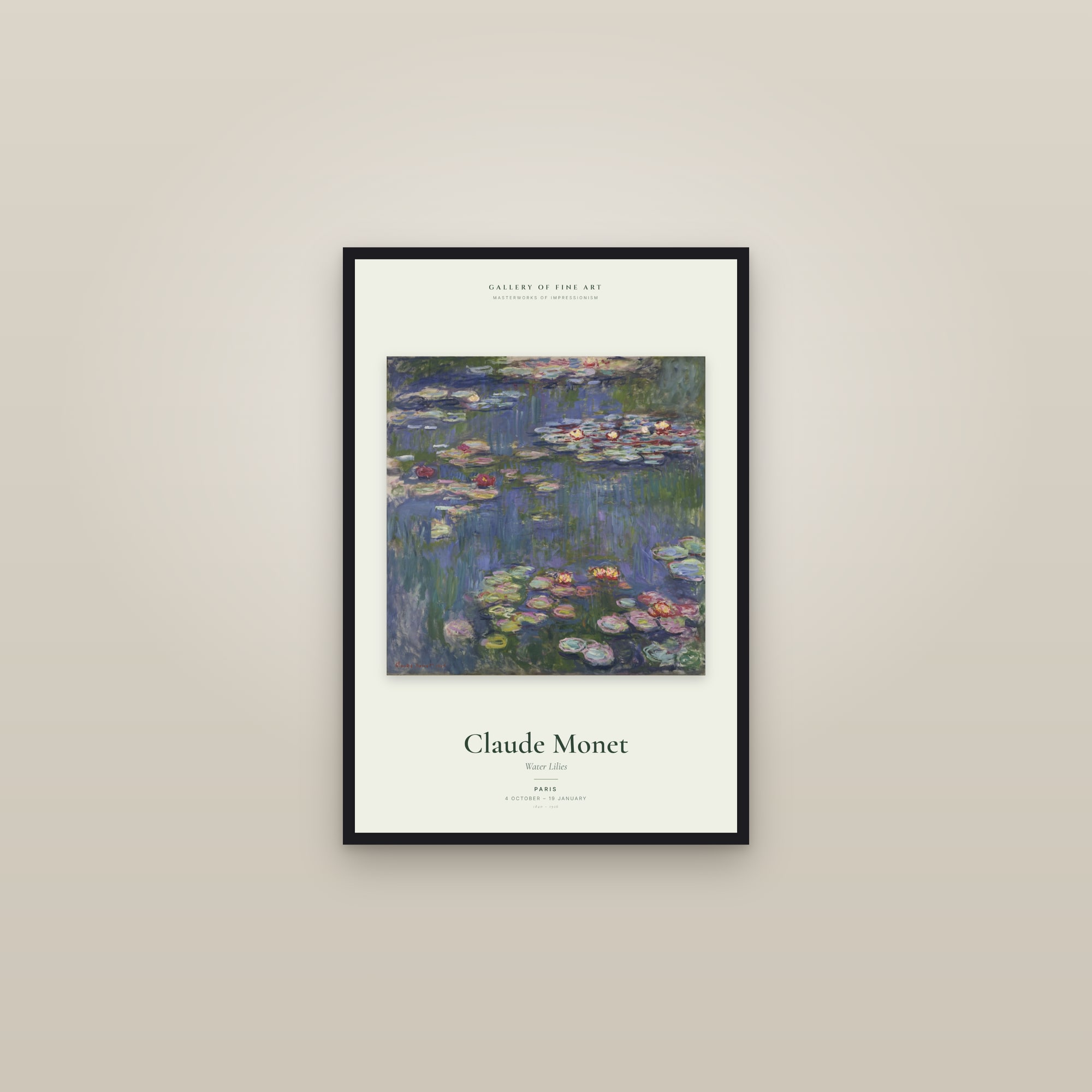 Water Lilies — Exhibition Poster — framed in a gallery setting