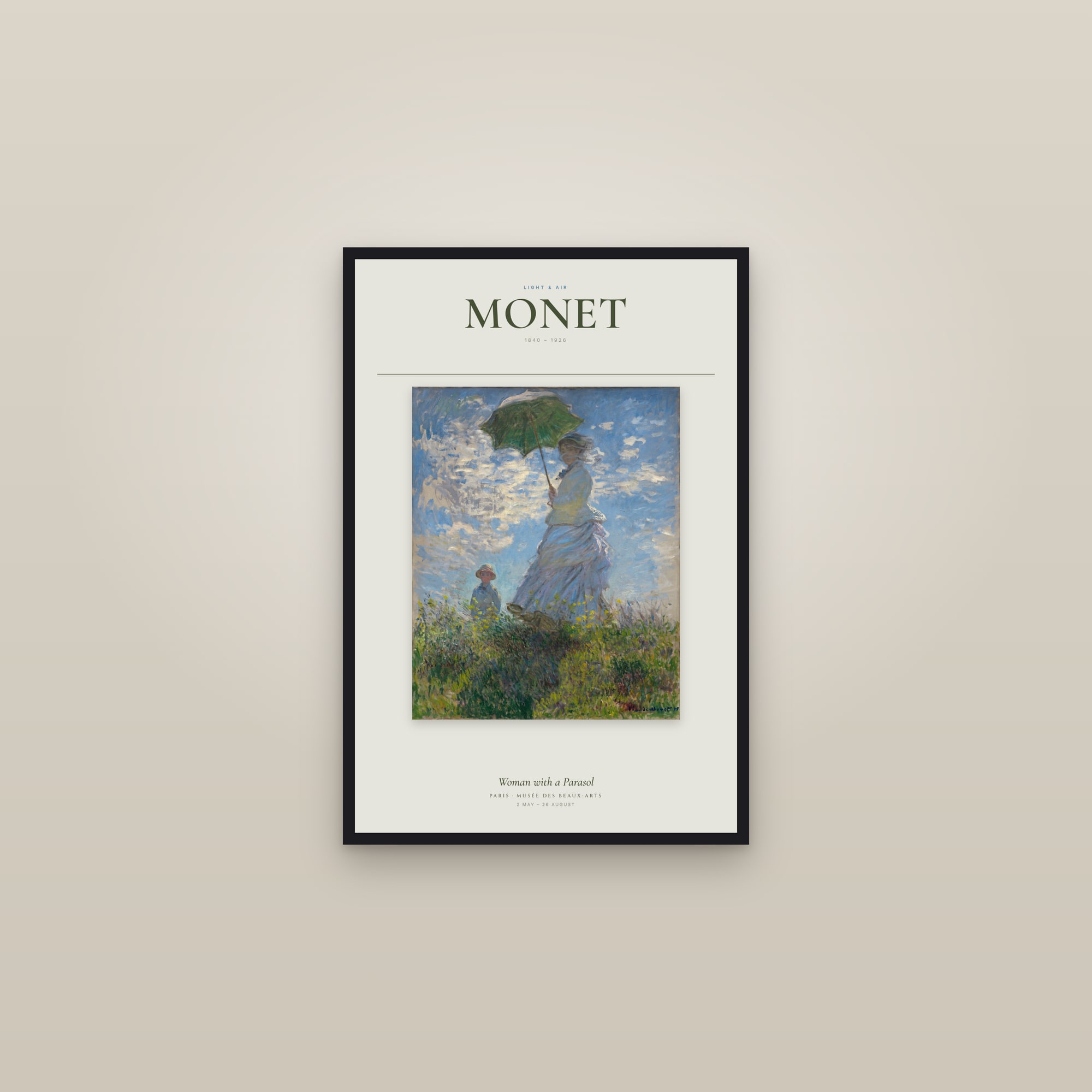 Woman with a Parasol — Exhibition Poster — framed in a gallery setting