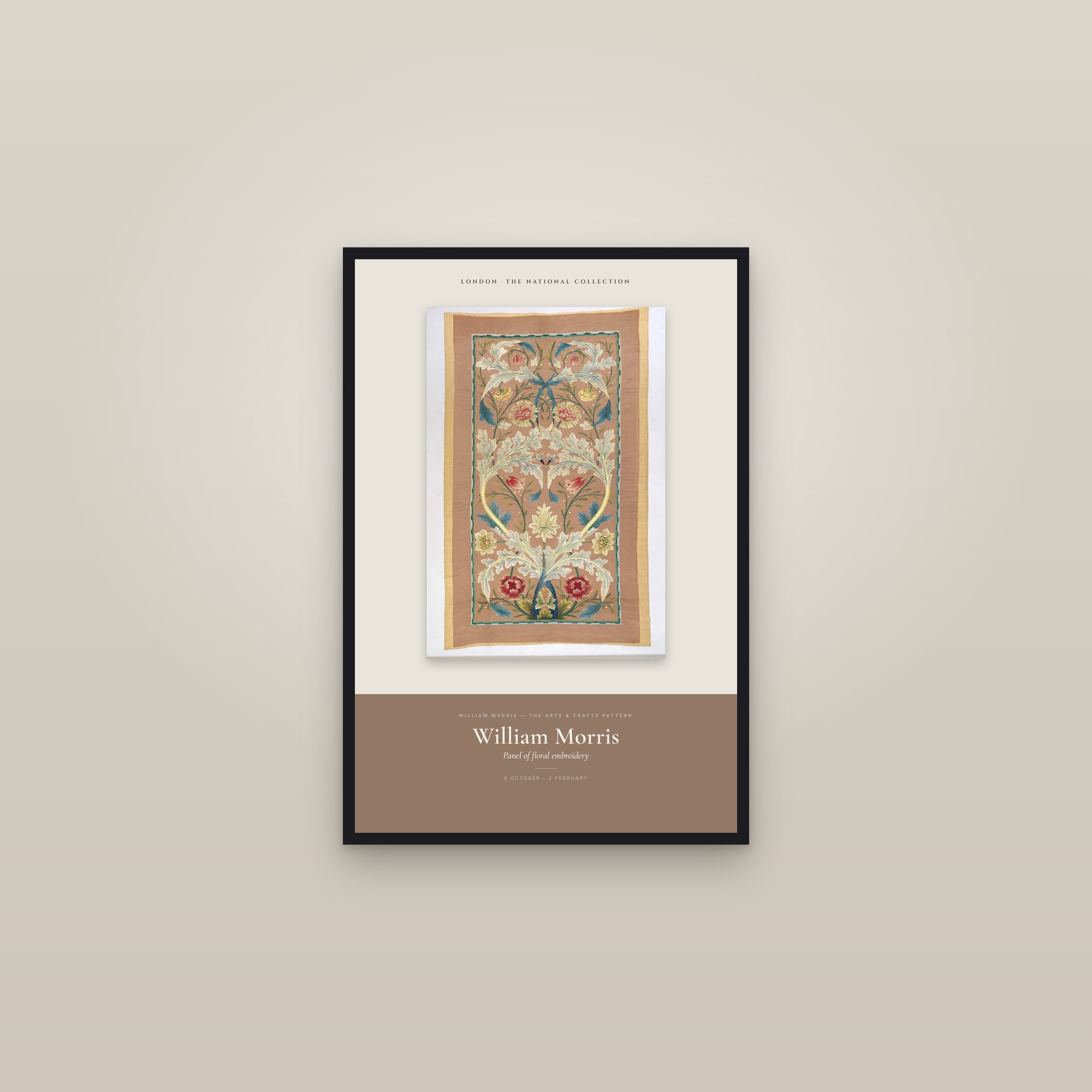 Panel of floral embroidery — Exhibition Poster — framed in a gallery setting