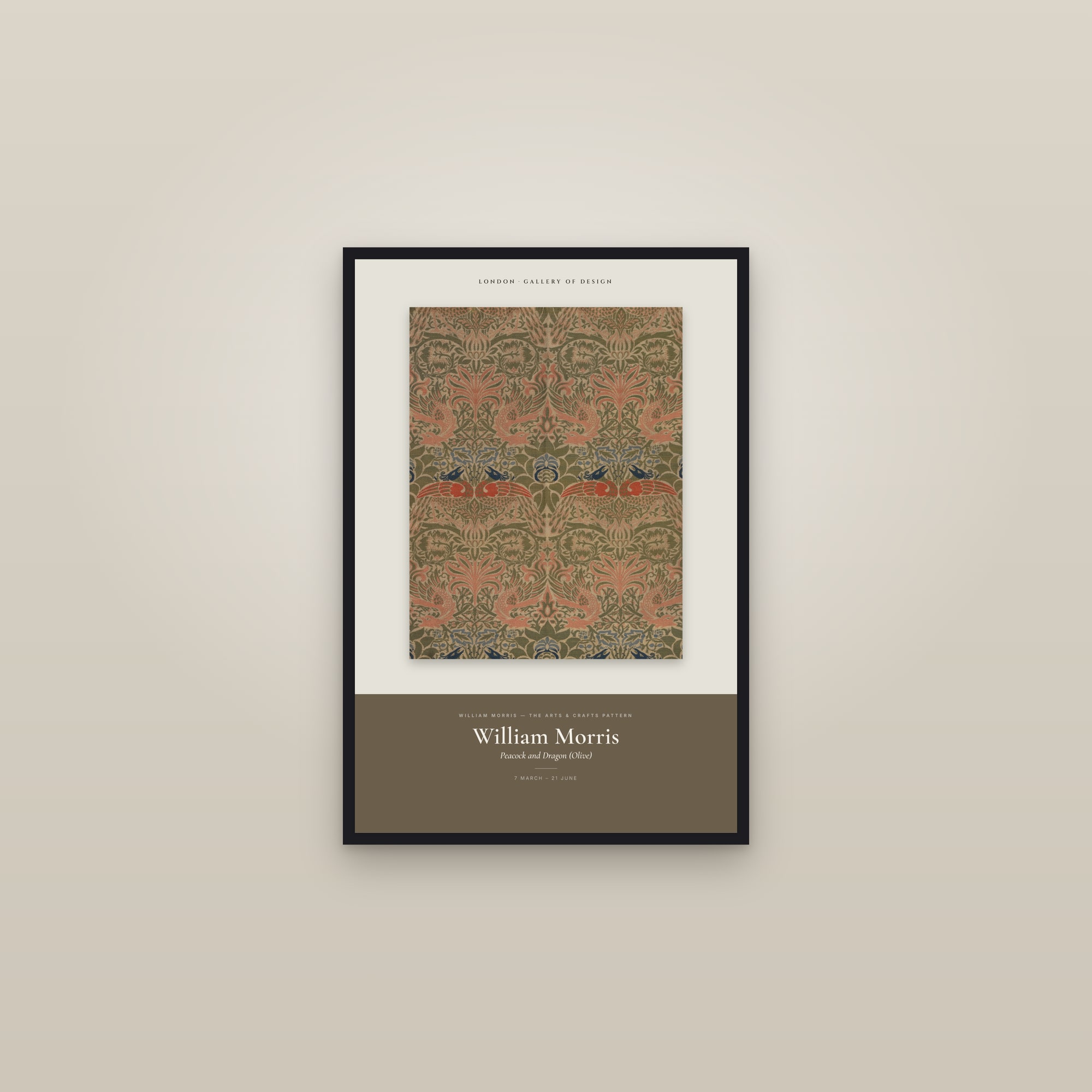 Peacock and Dragon (Olive) — Exhibition Poster — framed in a gallery setting