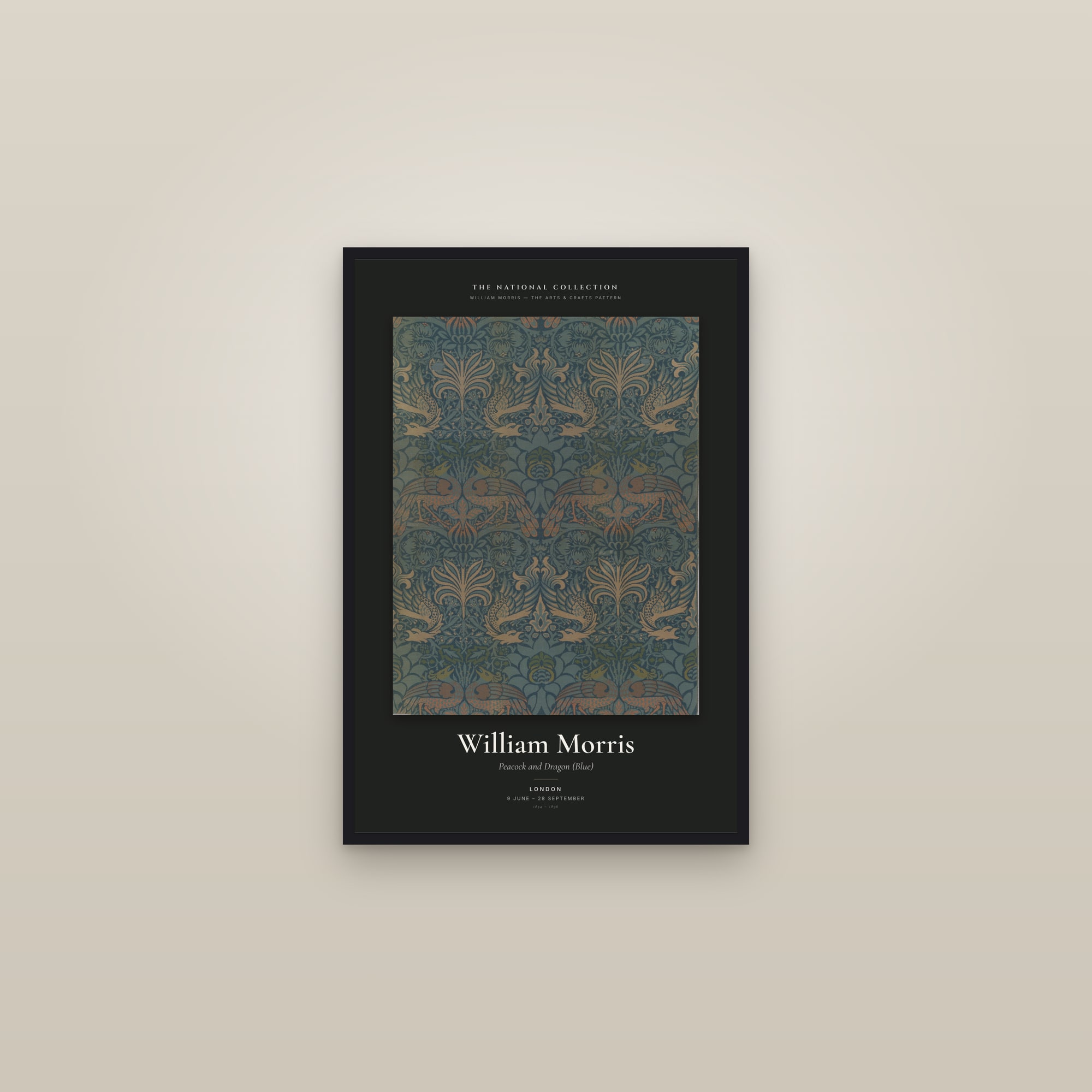 Peacock and Dragon (Blue) — Exhibition Poster — framed in a gallery setting