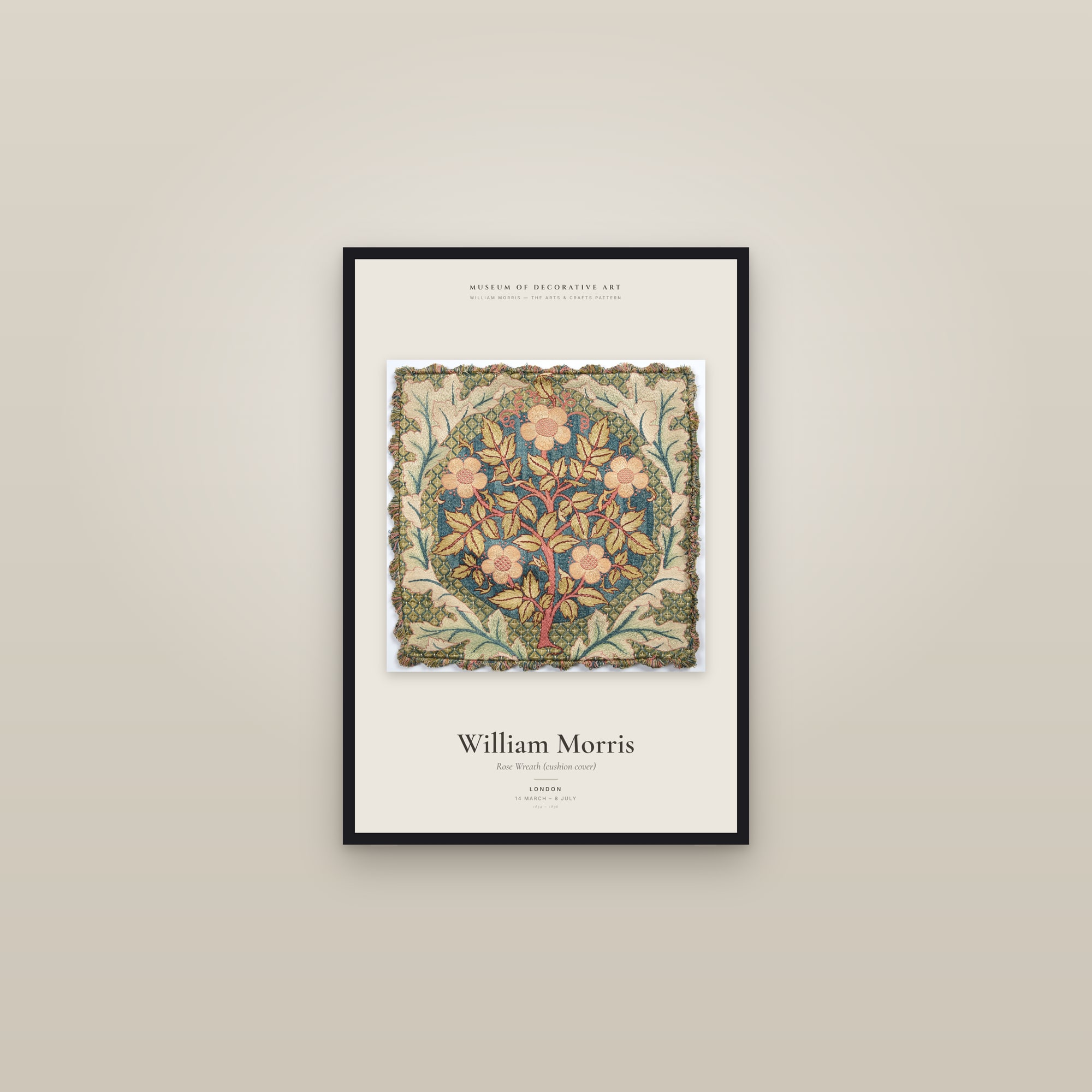 Rose Wreath (cushion cover) — Exhibition Poster — framed in a gallery setting