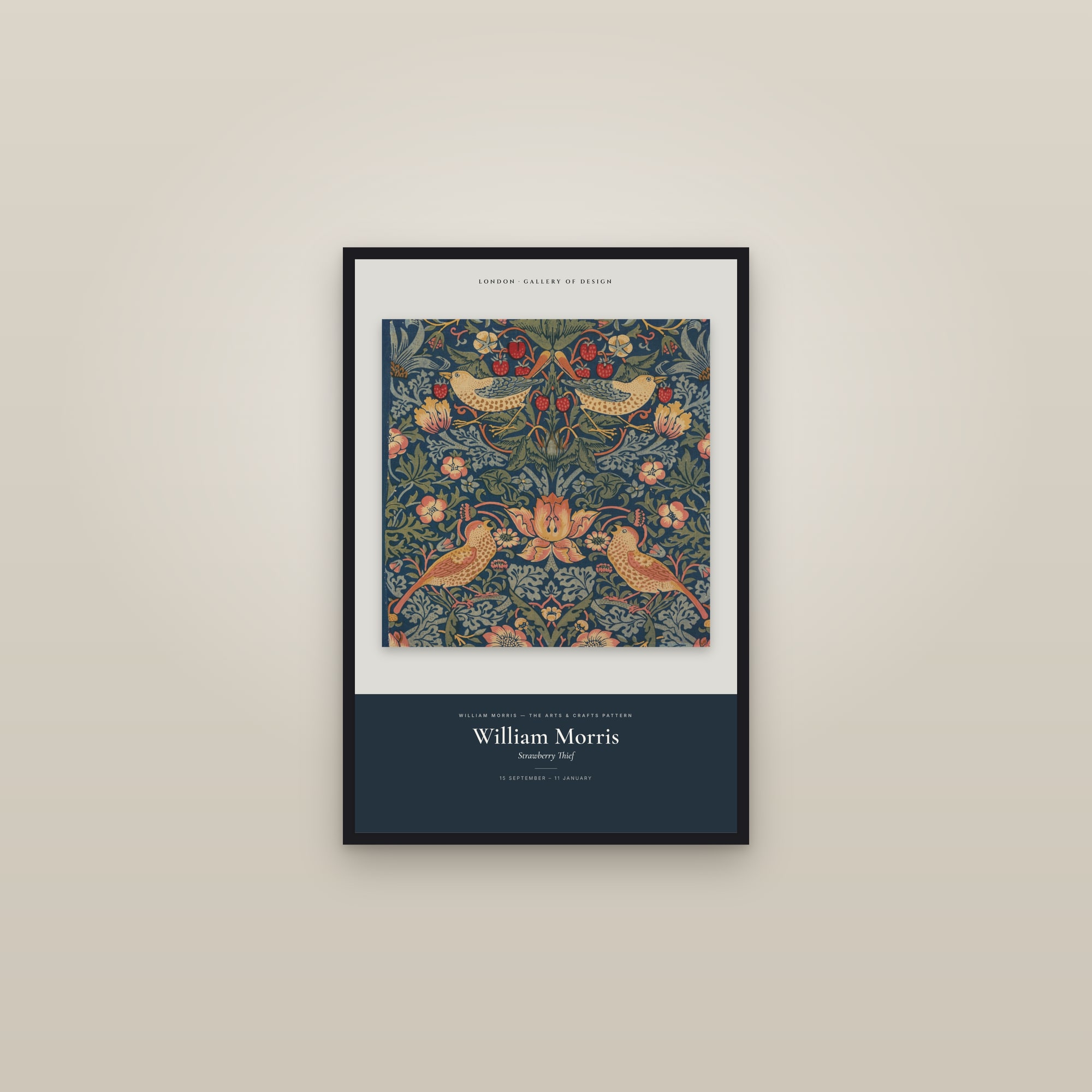 Strawberry Thief — Exhibition Poster — framed in a gallery setting