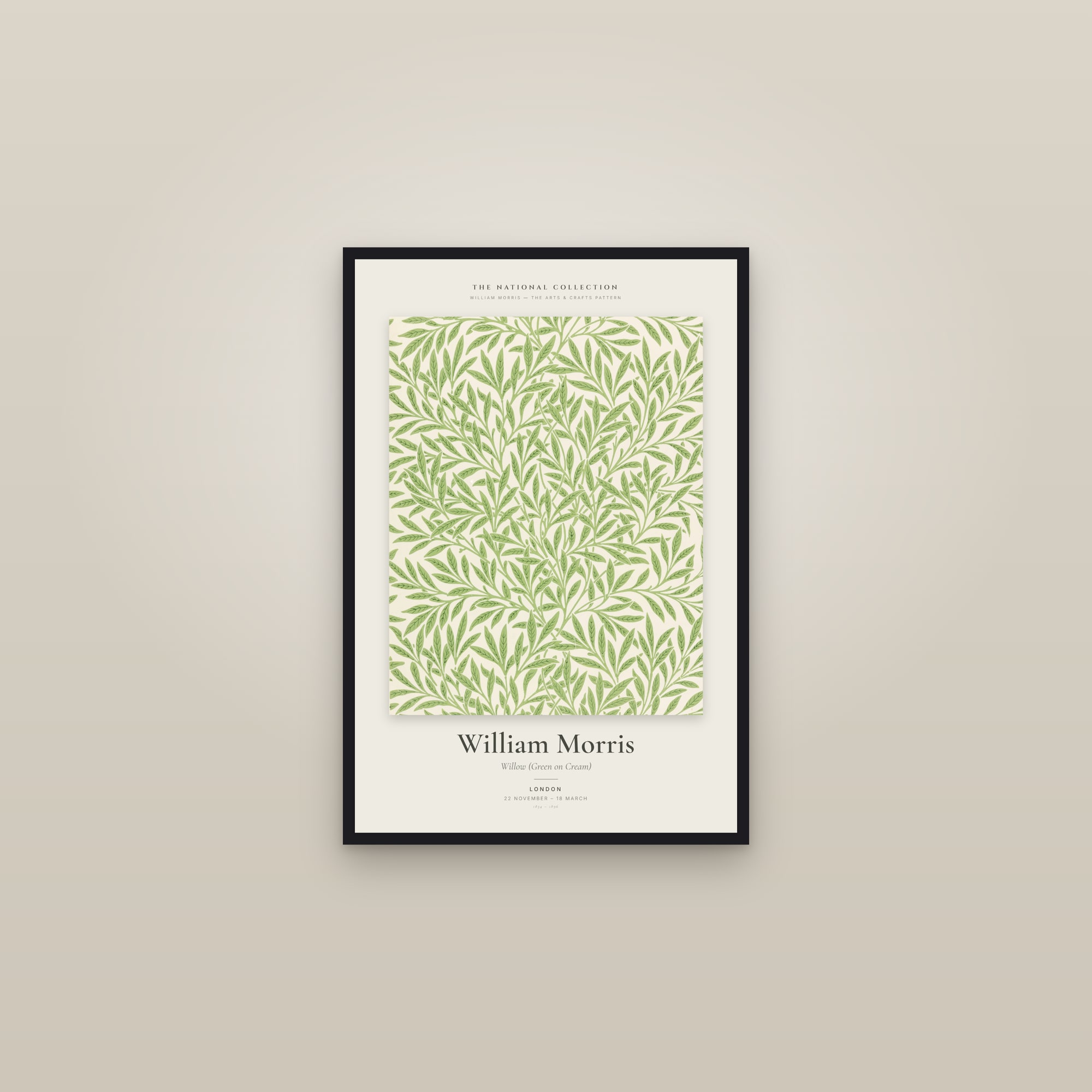 Willow (Green on Cream) — Exhibition Poster — framed in a gallery setting