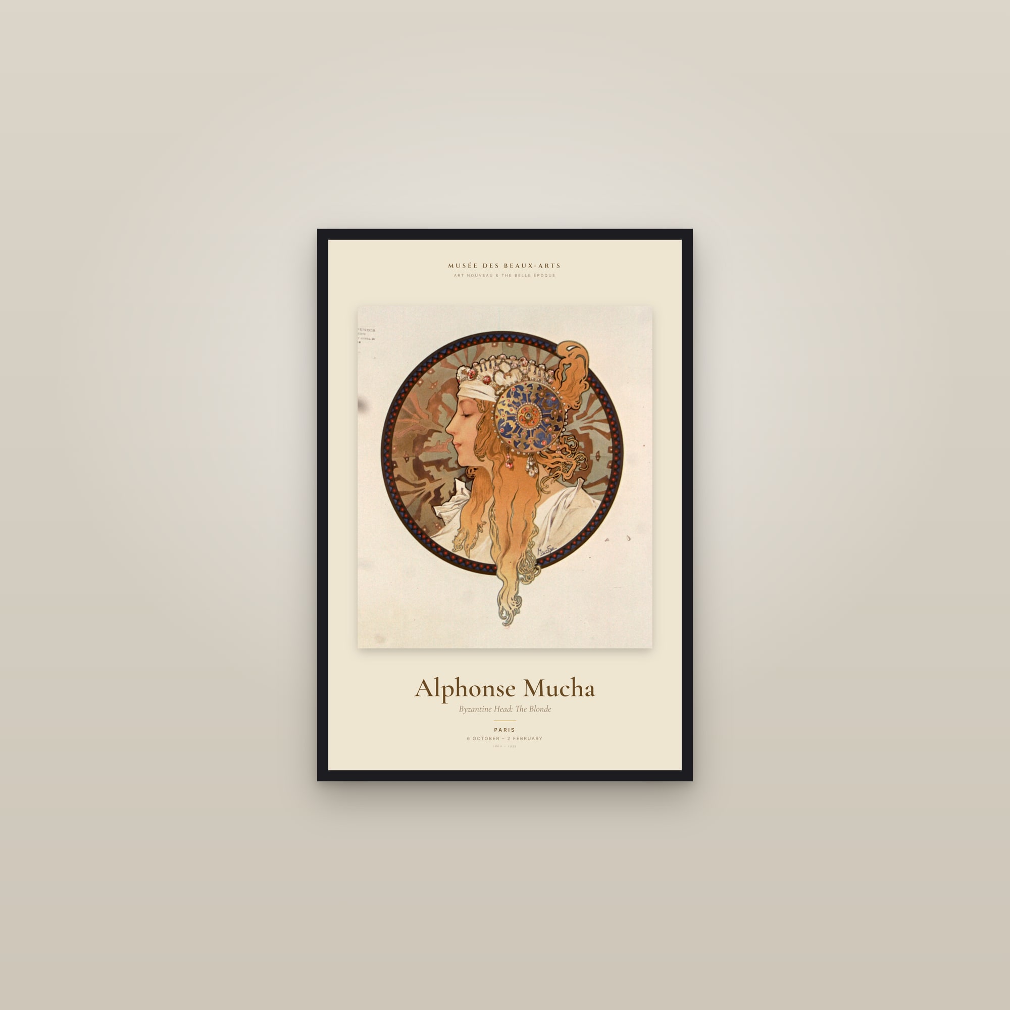 Byzantine Head: The Blonde — Exhibition Poster — framed in a gallery setting