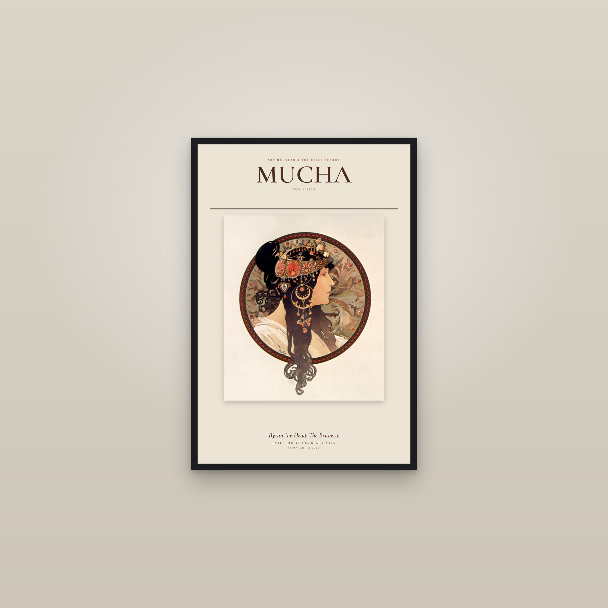 Byzantine Head: The Brunette — Exhibition Poster — framed in a gallery setting