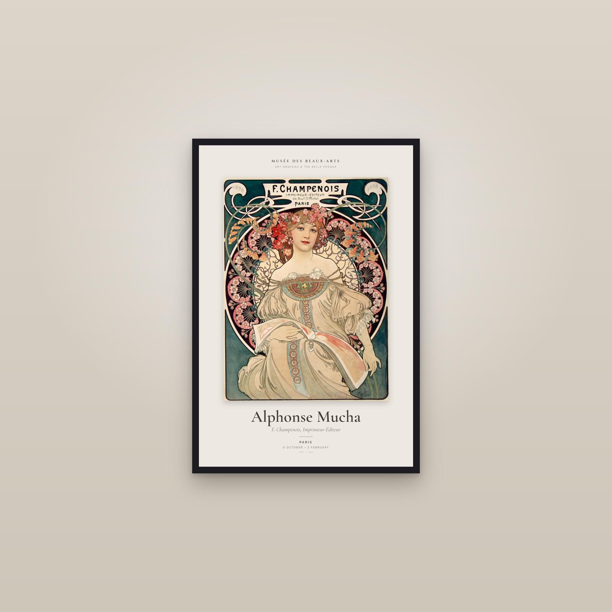 F. Champenois, Imprimeur-Éditeur — Exhibition Poster — framed in a gallery setting