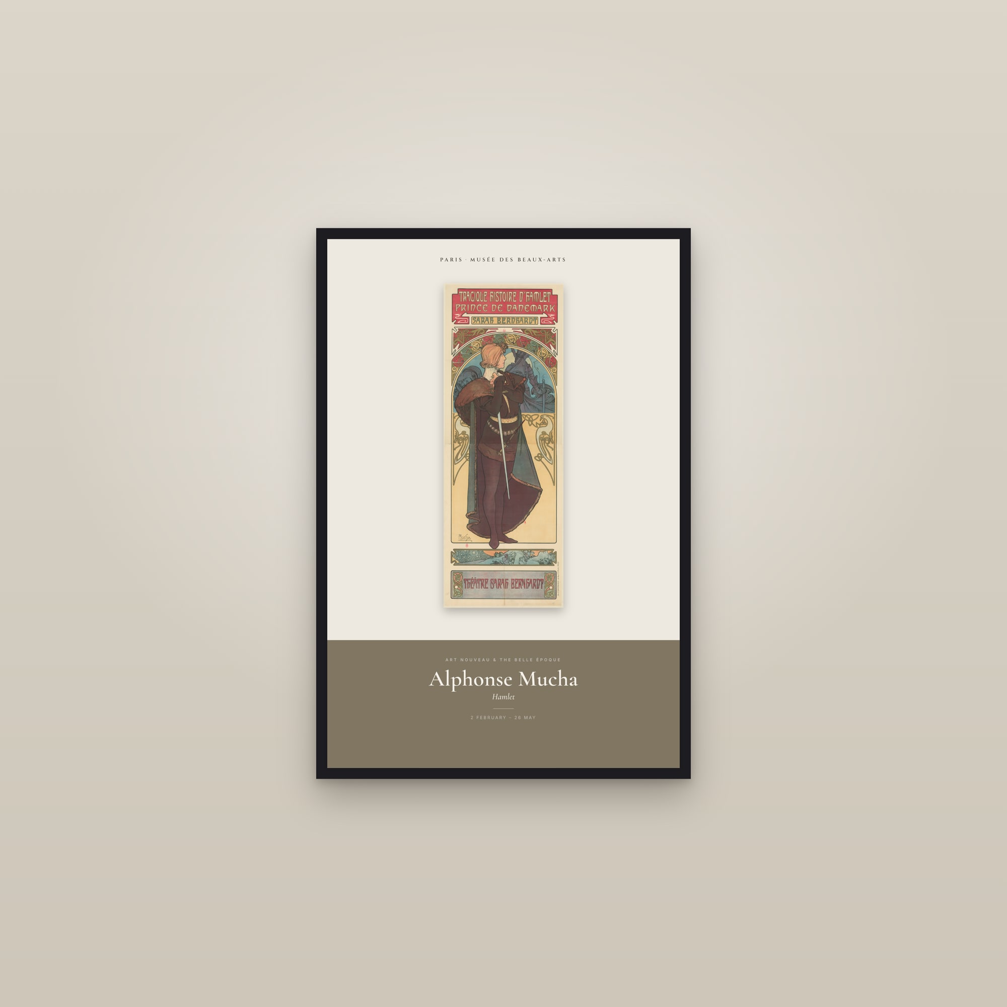Hamlet (Mucha) — Exhibition Poster — framed in a gallery setting
