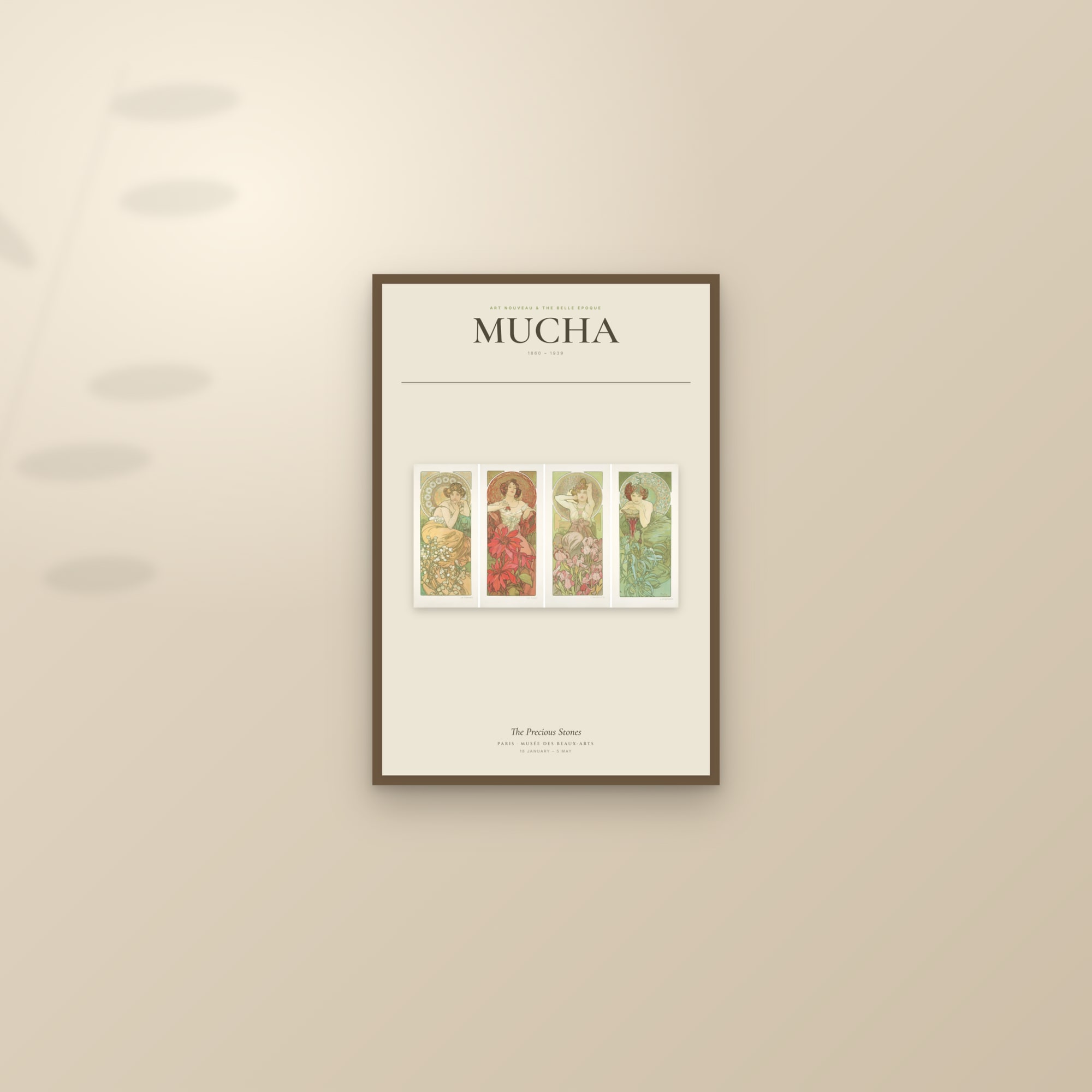 The Precious Stones — Exhibition Poster — framed and styled on a sunlit wall