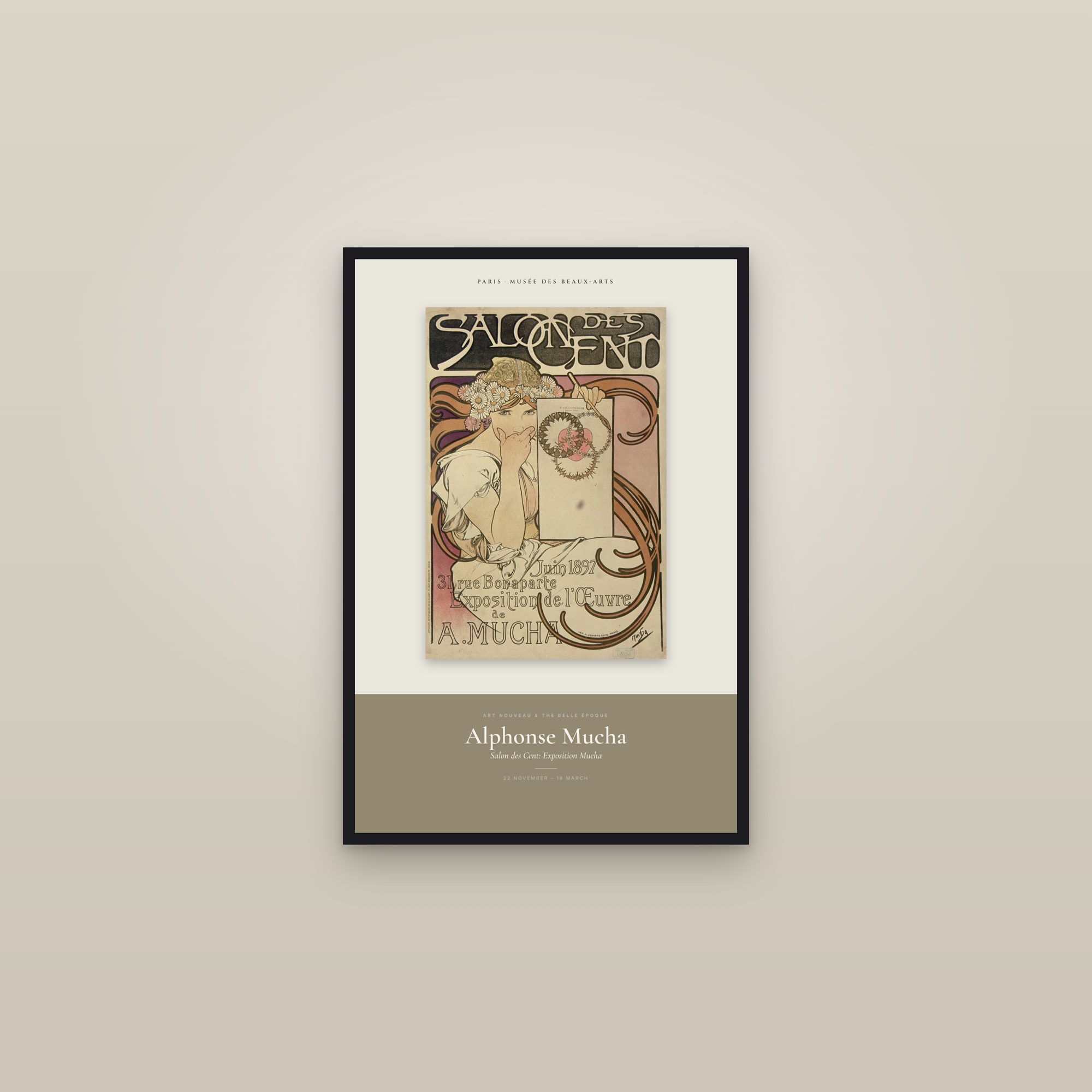 Salon des Cent: Exposition Mucha — Exhibition Poster — framed in a gallery setting