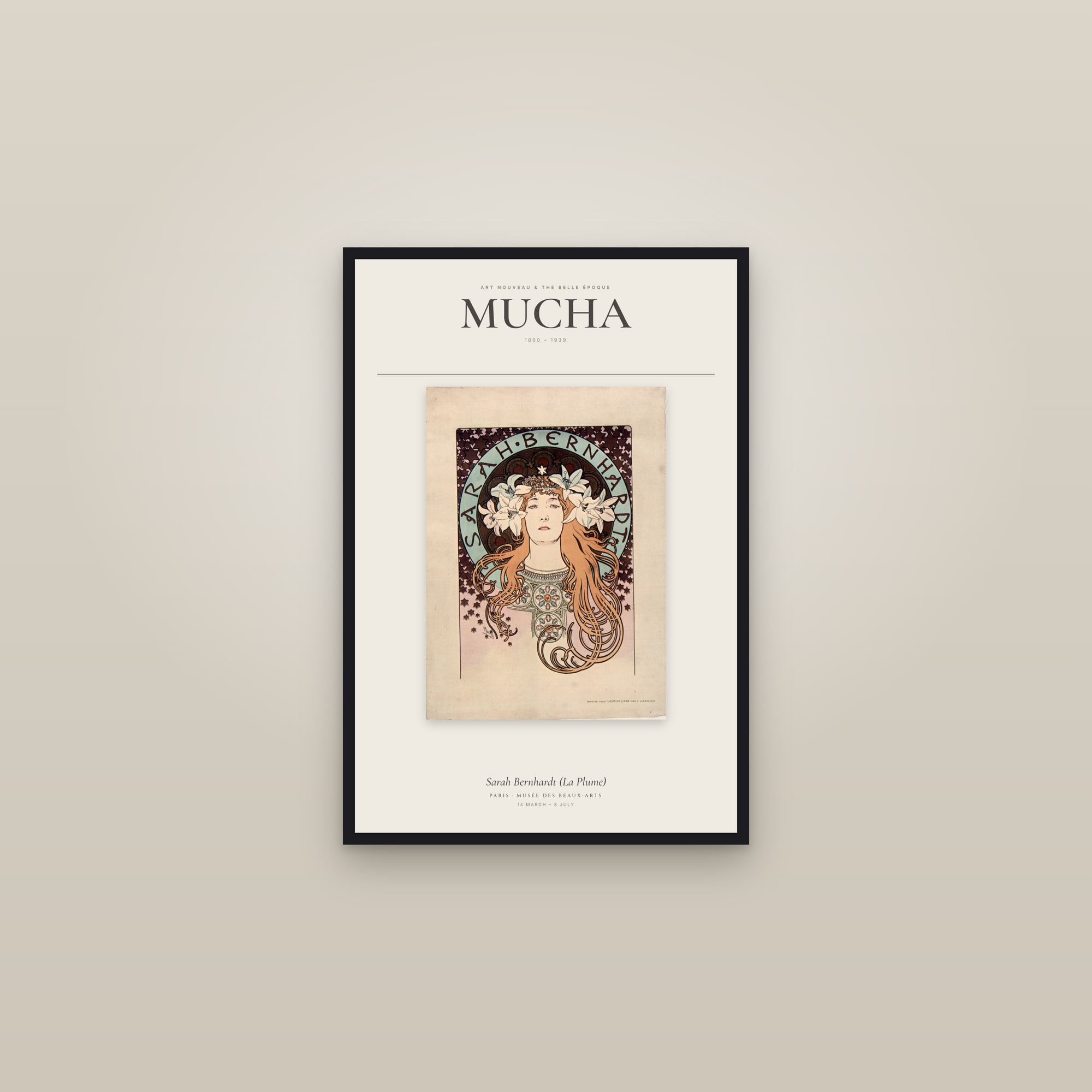 Sarah Bernhardt (La Plume) — Exhibition Poster — framed in a gallery setting