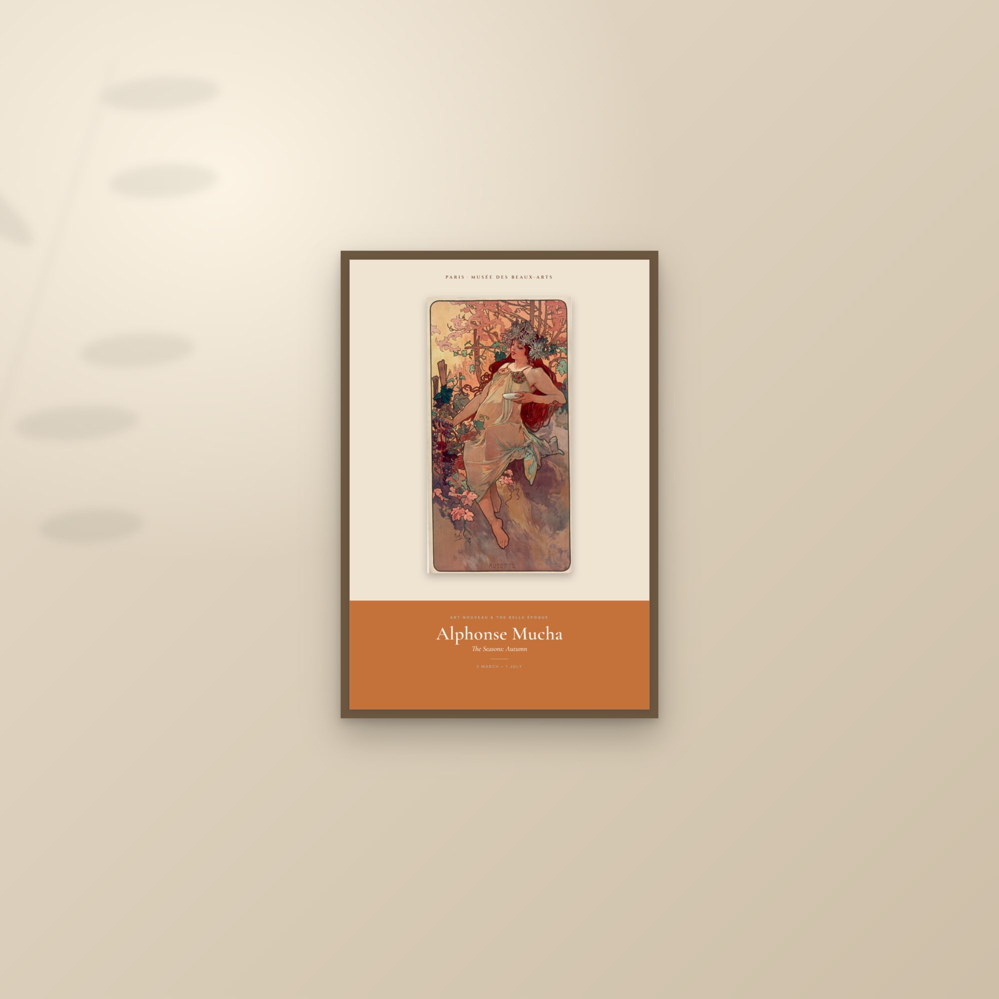 The Seasons: Autumn — Exhibition Poster — framed and styled on a sunlit wall