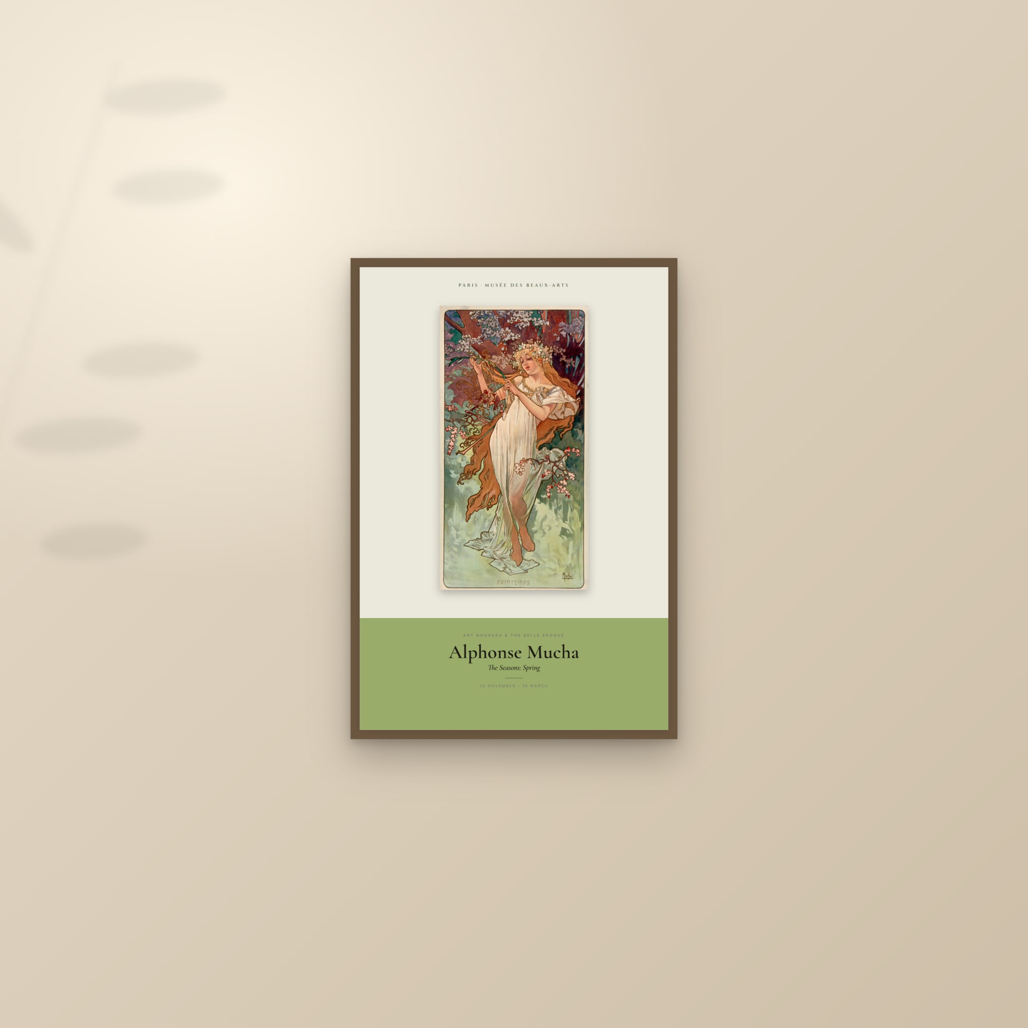 The Seasons: Spring — Exhibition Poster — framed and styled on a sunlit wall