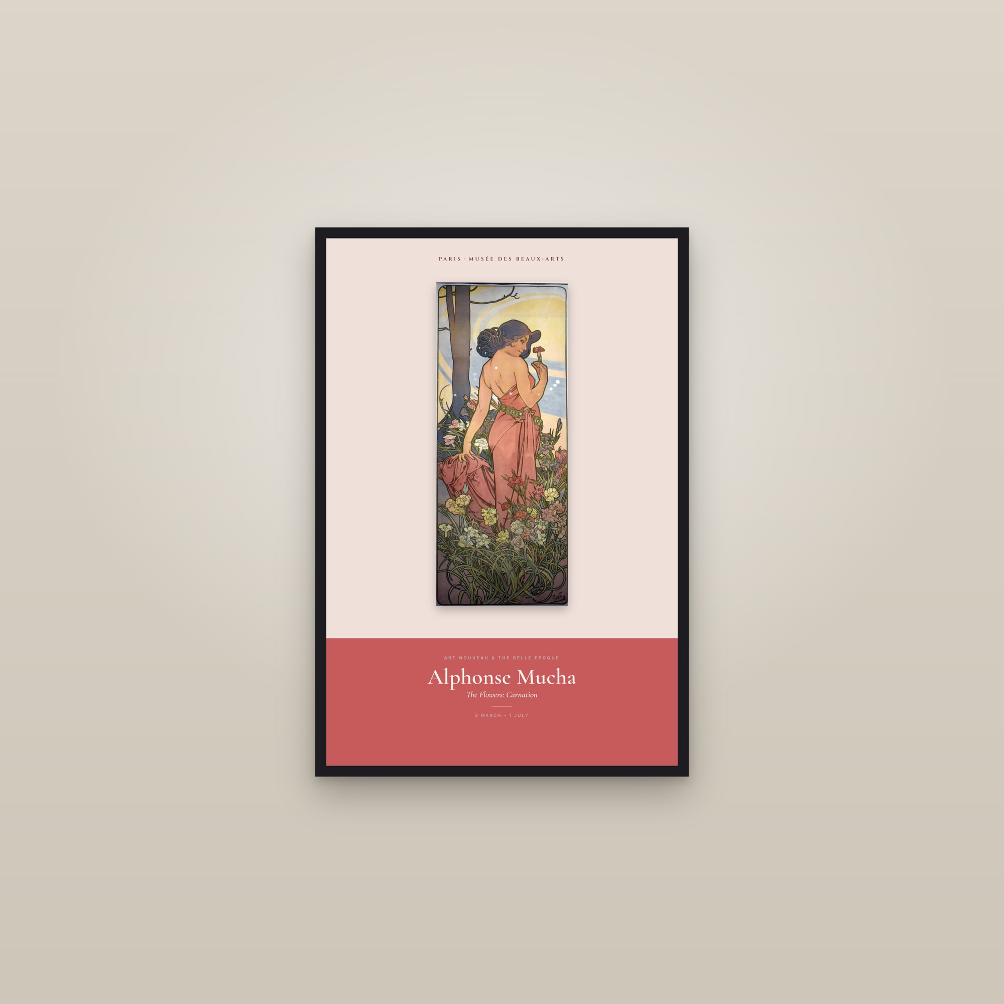 The Flowers: Carnation — Exhibition Poster — framed in a gallery setting