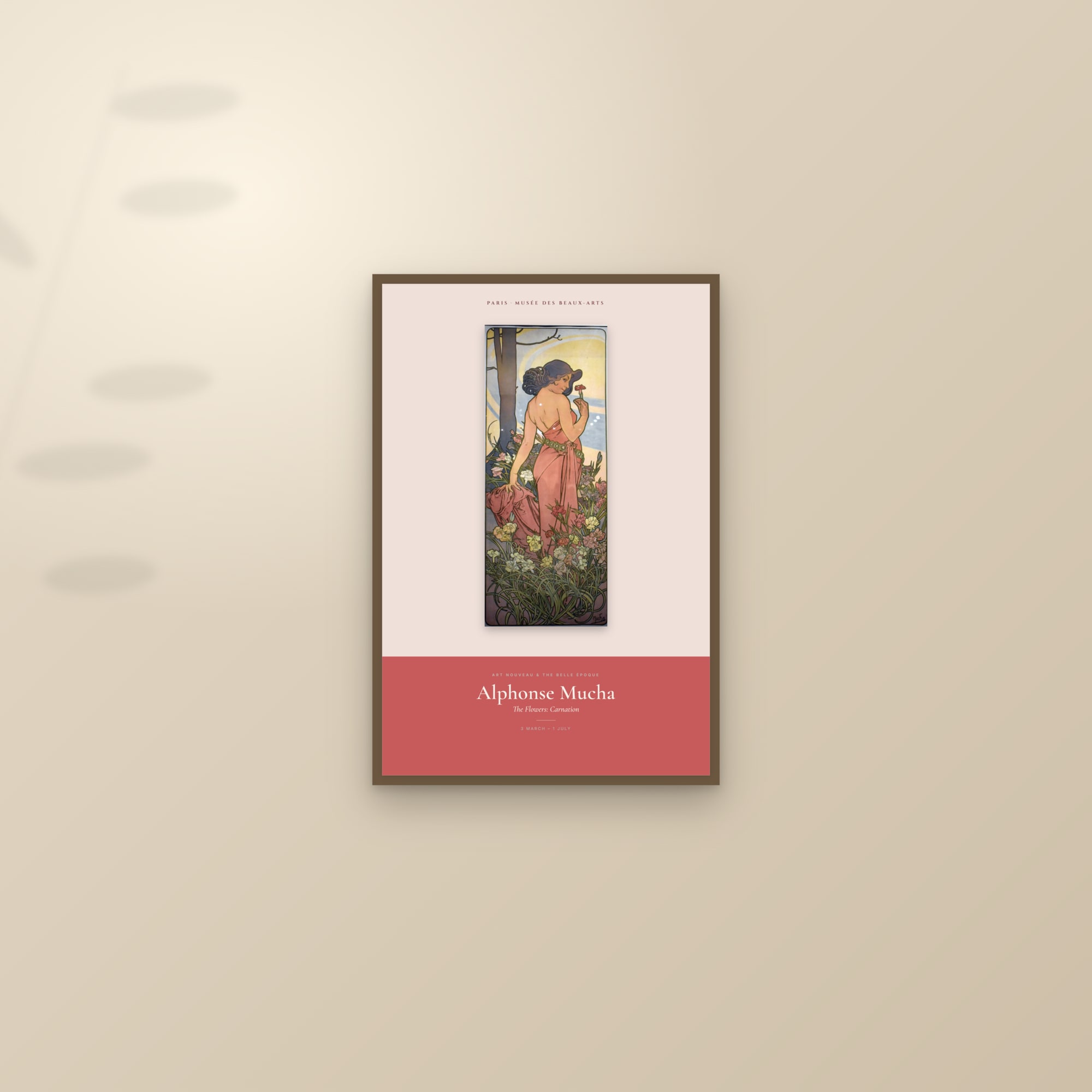 The Flowers: Carnation — Exhibition Poster — framed and styled on a sunlit wall
