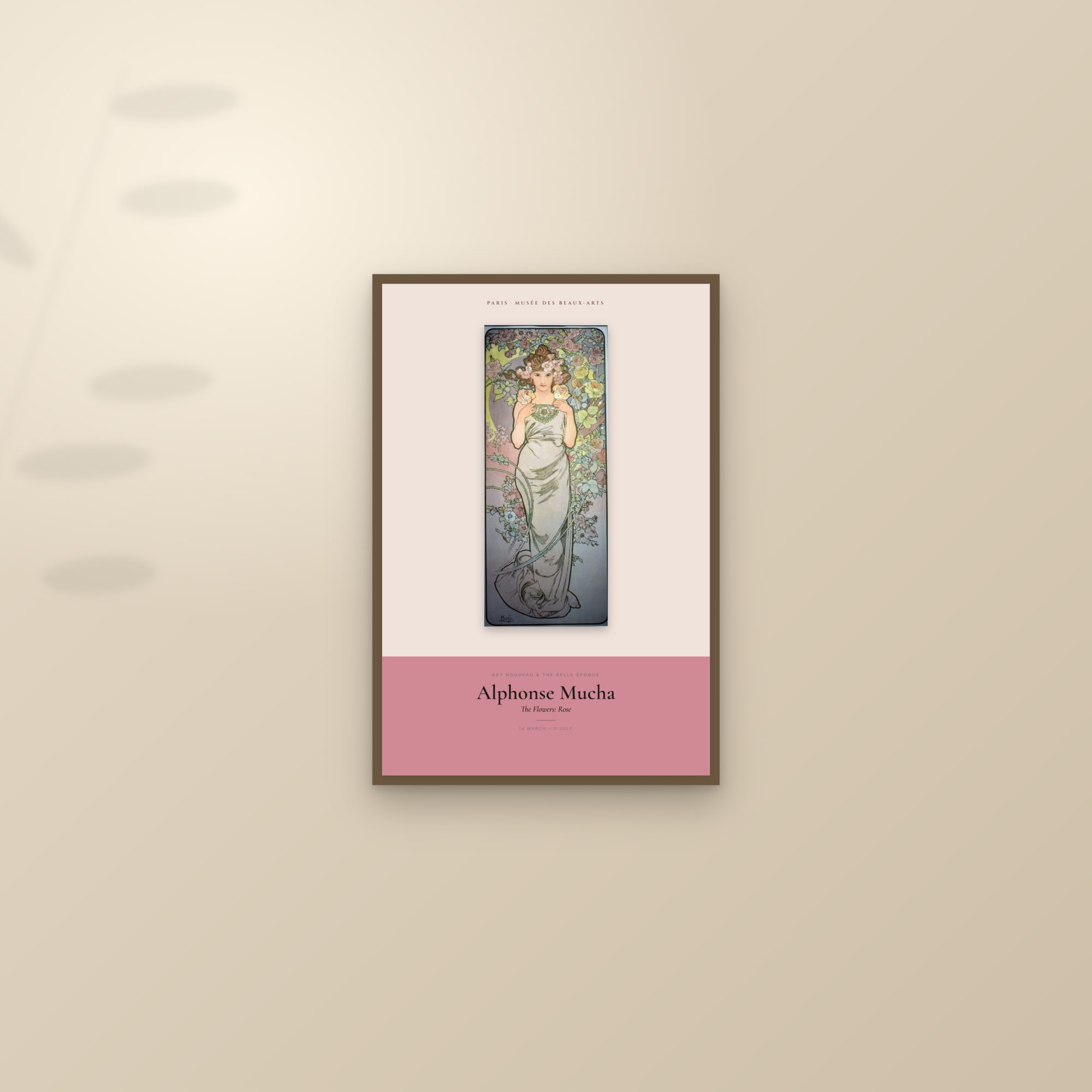 The Flowers: Rose — Exhibition Poster — framed and styled on a sunlit wall
