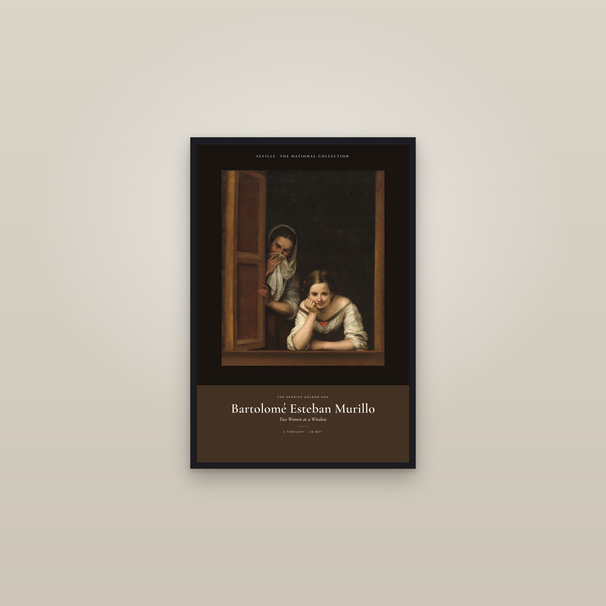 Two Women at a Window — Exhibition Poster — framed in a gallery setting