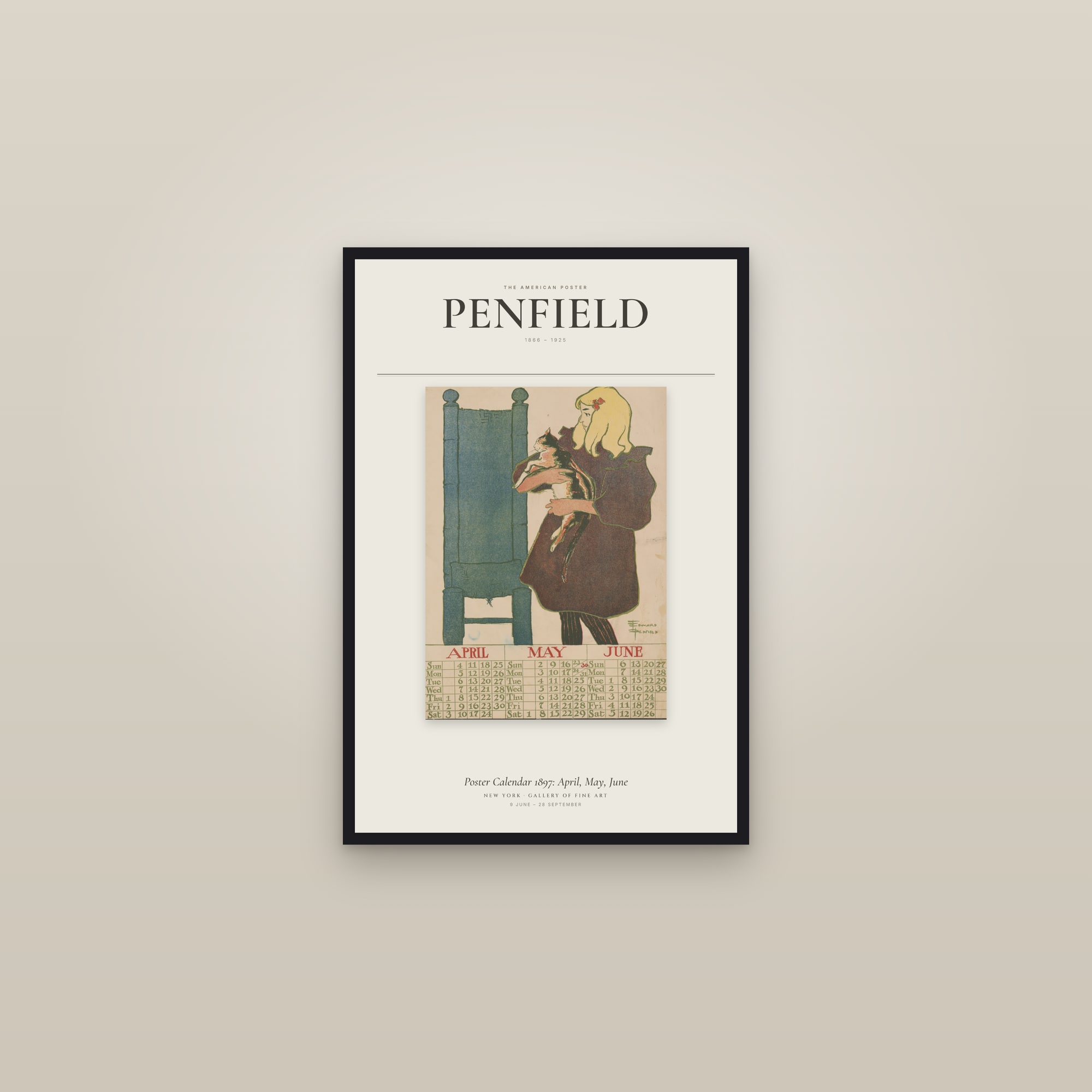 Poster Calendar 1897: April, May, June — Exhibition Poster — framed in a gallery setting