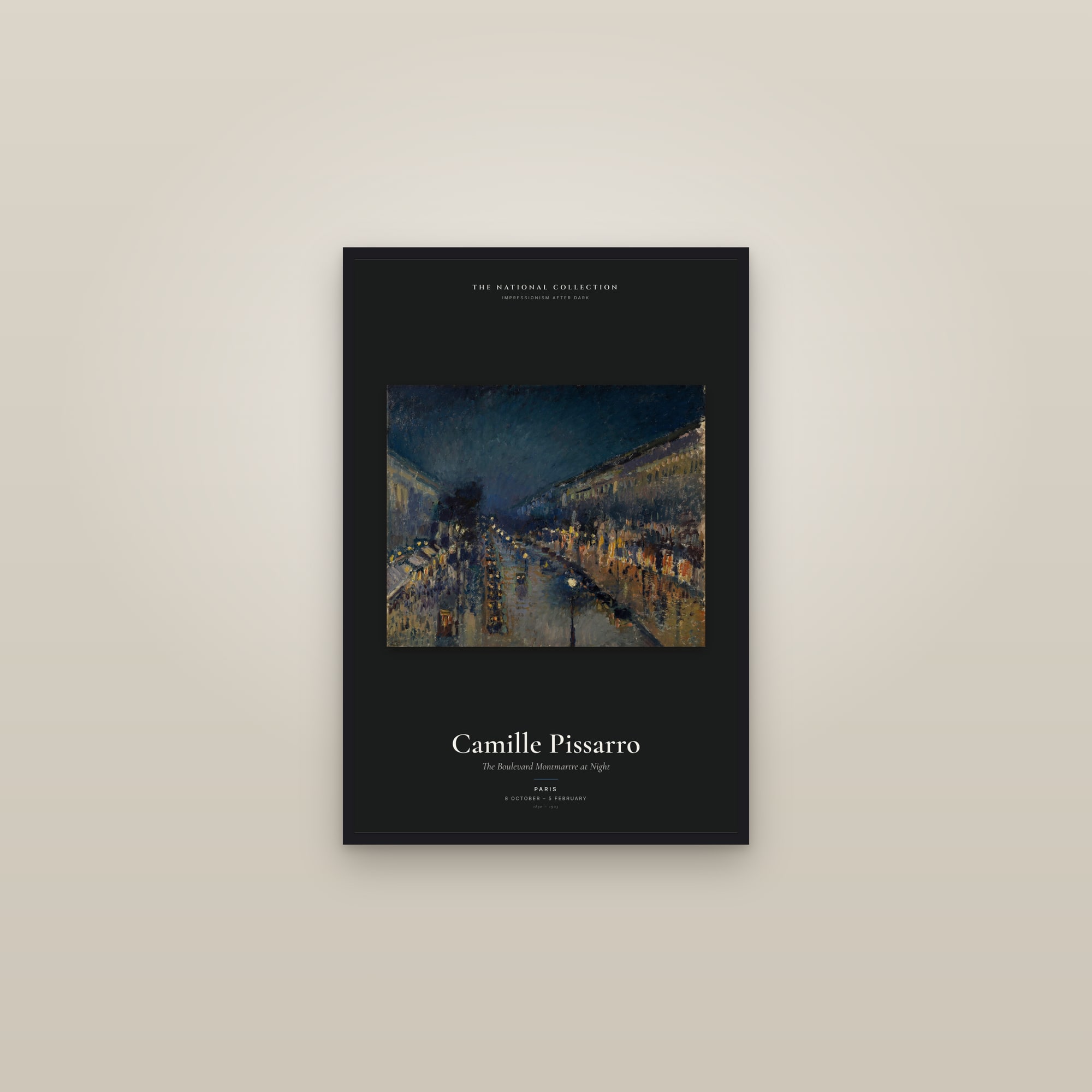The Boulevard Montmartre at Night — Exhibition Poster — framed in a gallery setting