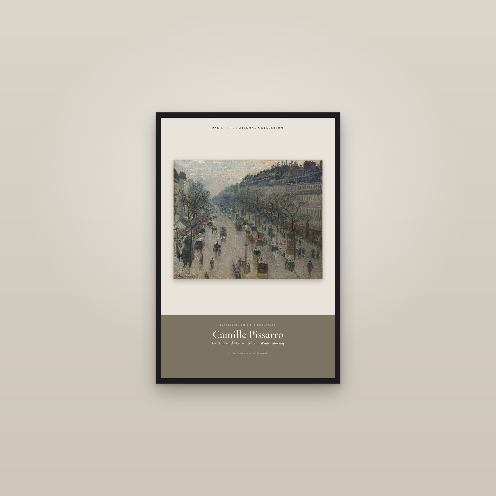 The Boulevard Montmartre on a Winter Morning — Exhibition Poster — framed in a gallery setting