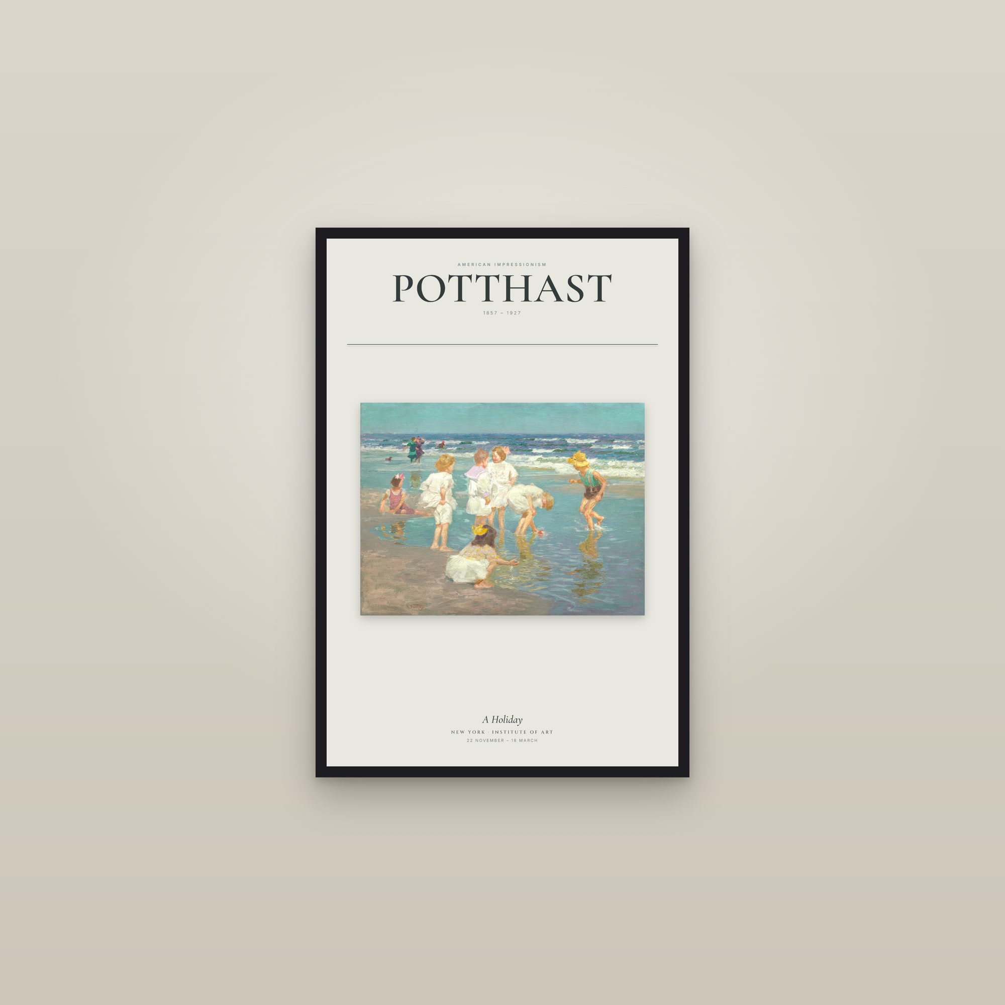 A Holiday — Exhibition Poster — framed in a gallery setting