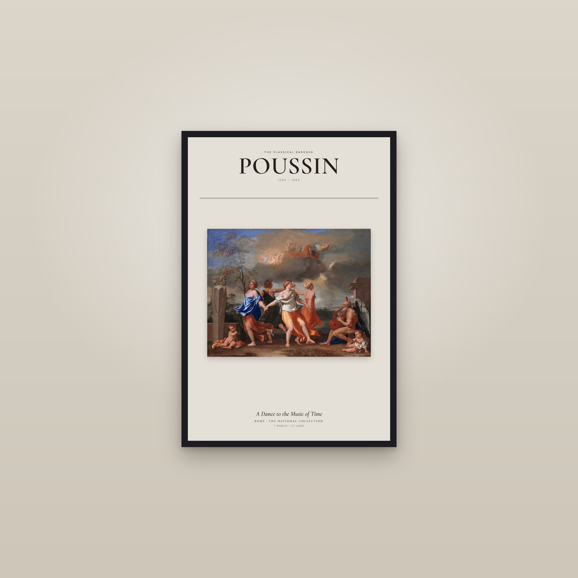 A Dance to the Music of Time — Exhibition Poster — framed in a gallery setting