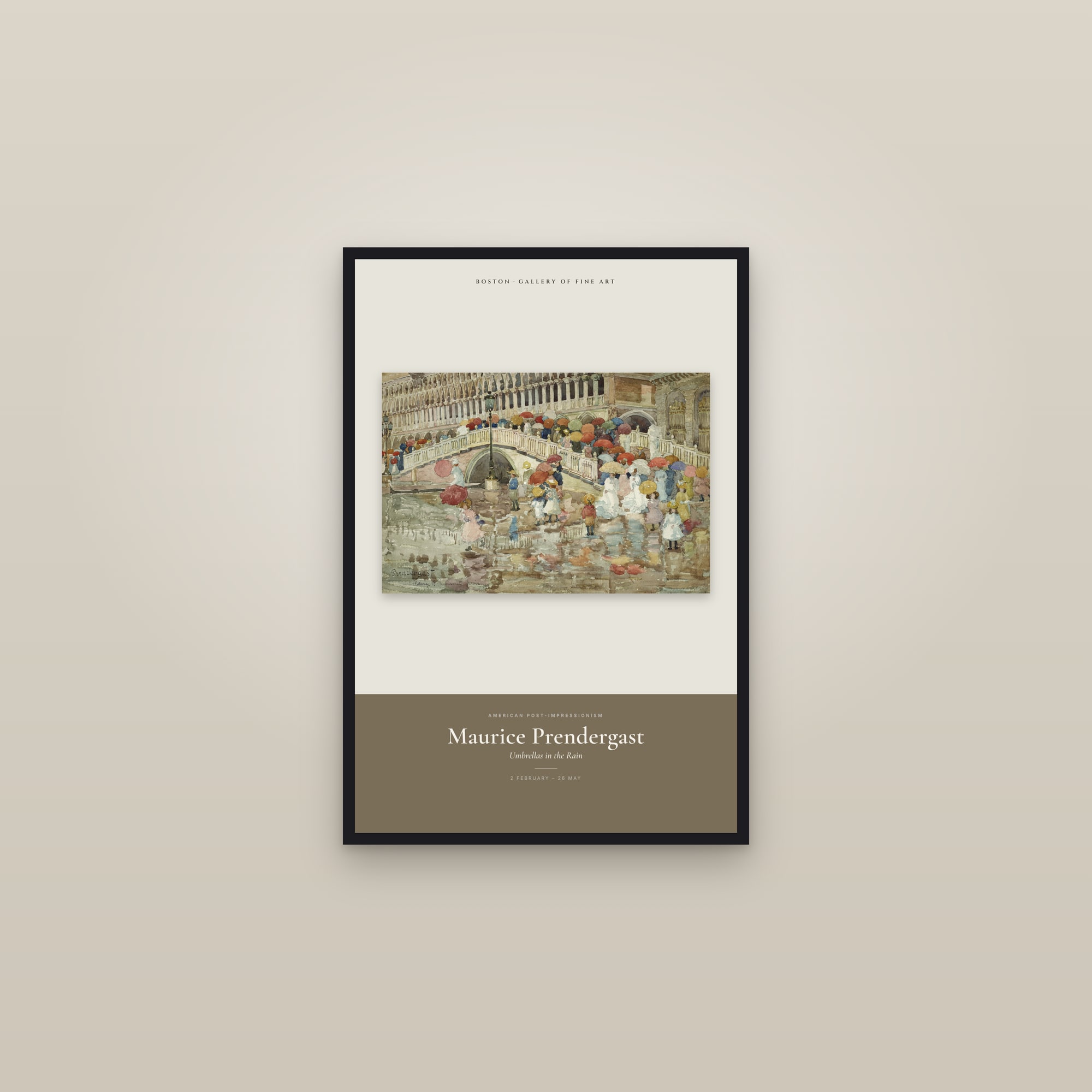 Umbrellas in the Rain — Exhibition Poster — framed in a gallery setting