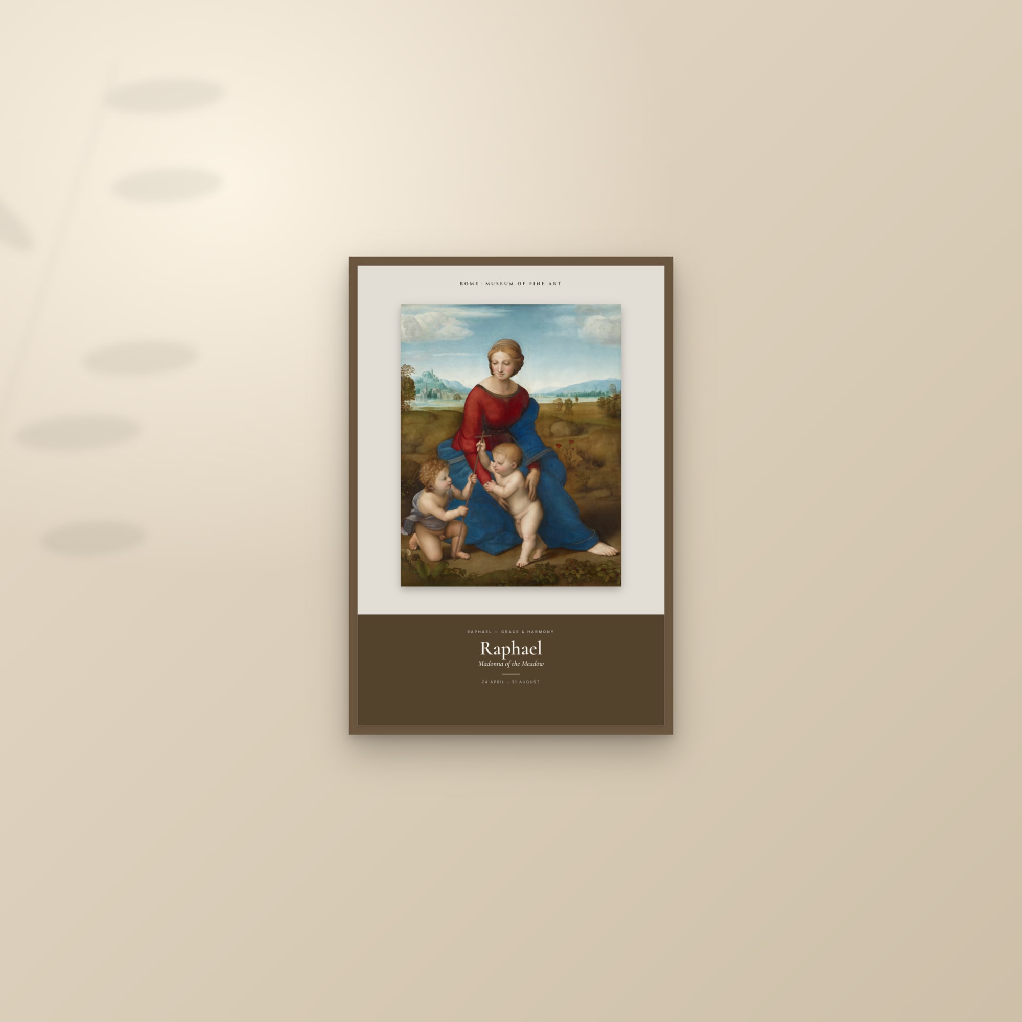 Madonna of the Meadow — Exhibition Poster — framed and styled on a sunlit wall