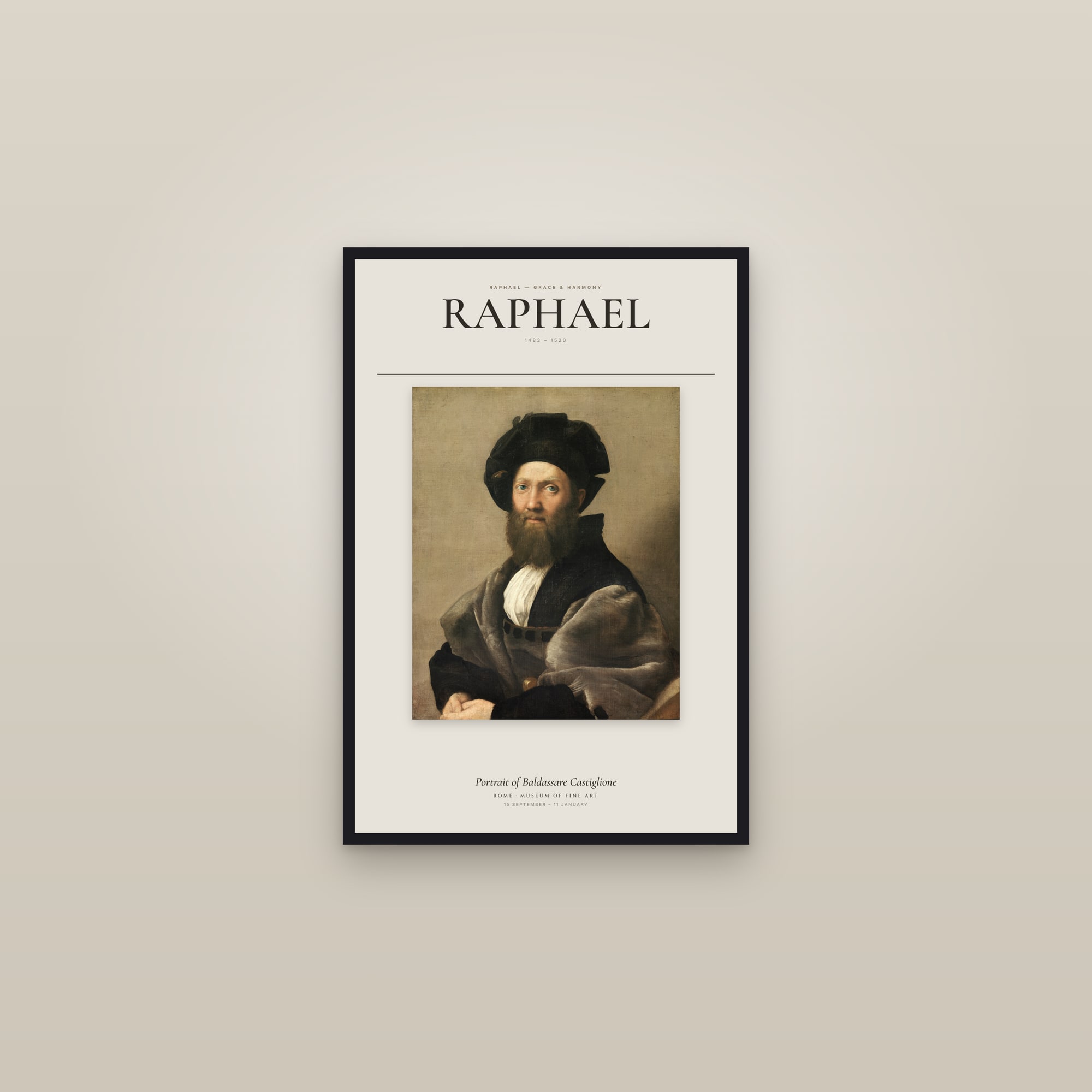 Portrait of Baldassare Castiglione — Exhibition Poster — framed in a gallery setting