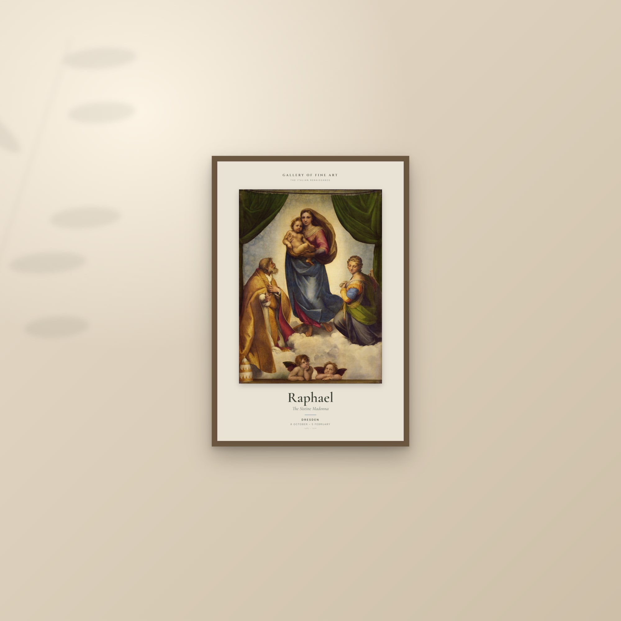 The Sistine Madonna — Exhibition Poster — framed and styled on a sunlit wall