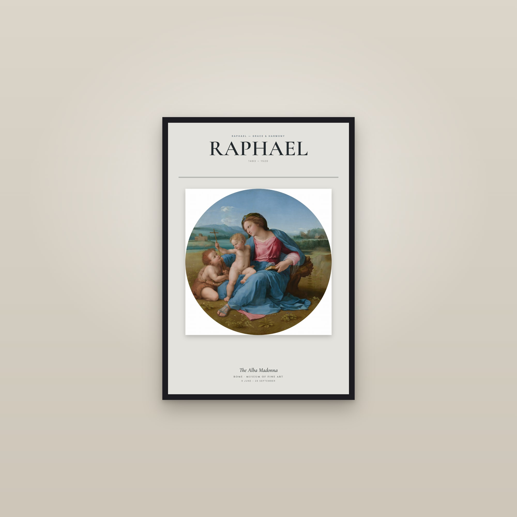 The Alba Madonna — Exhibition Poster — framed in a gallery setting