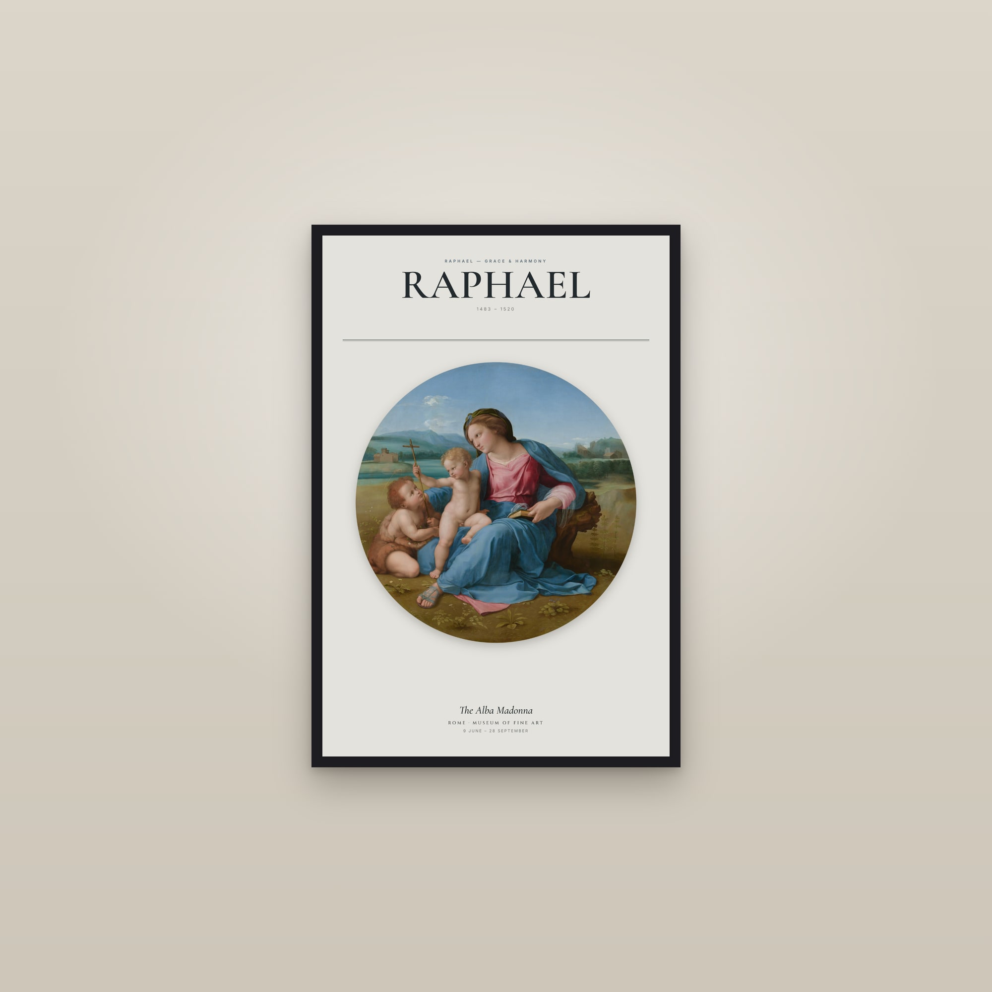 The Alba Madonna — Exhibition Poster — framed in a gallery setting