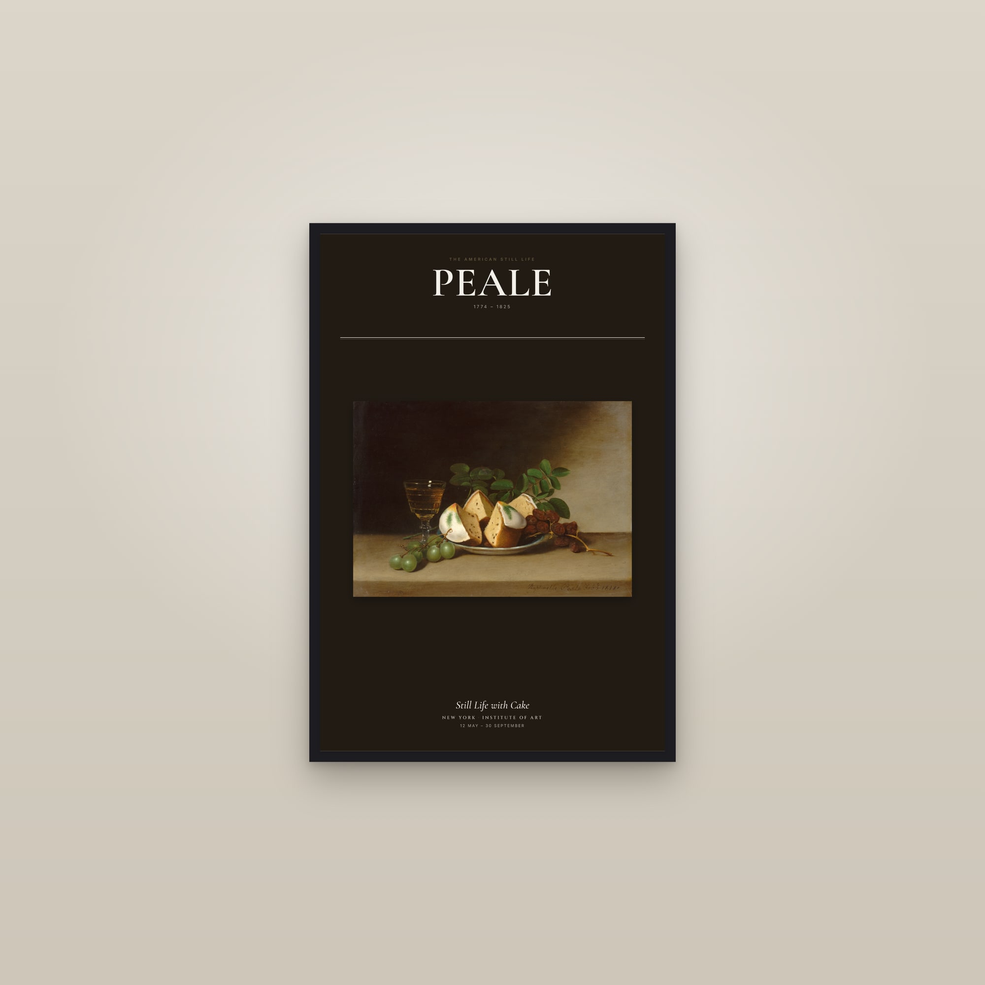 Still Life with Cake — Exhibition Poster — framed in a gallery setting