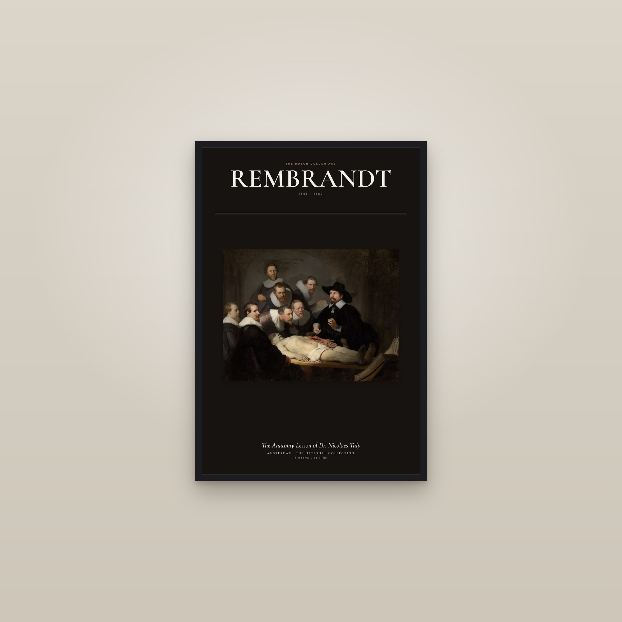 The Anatomy Lesson of Dr. Nicolaes Tulp — Exhibition Poster — framed in a gallery setting