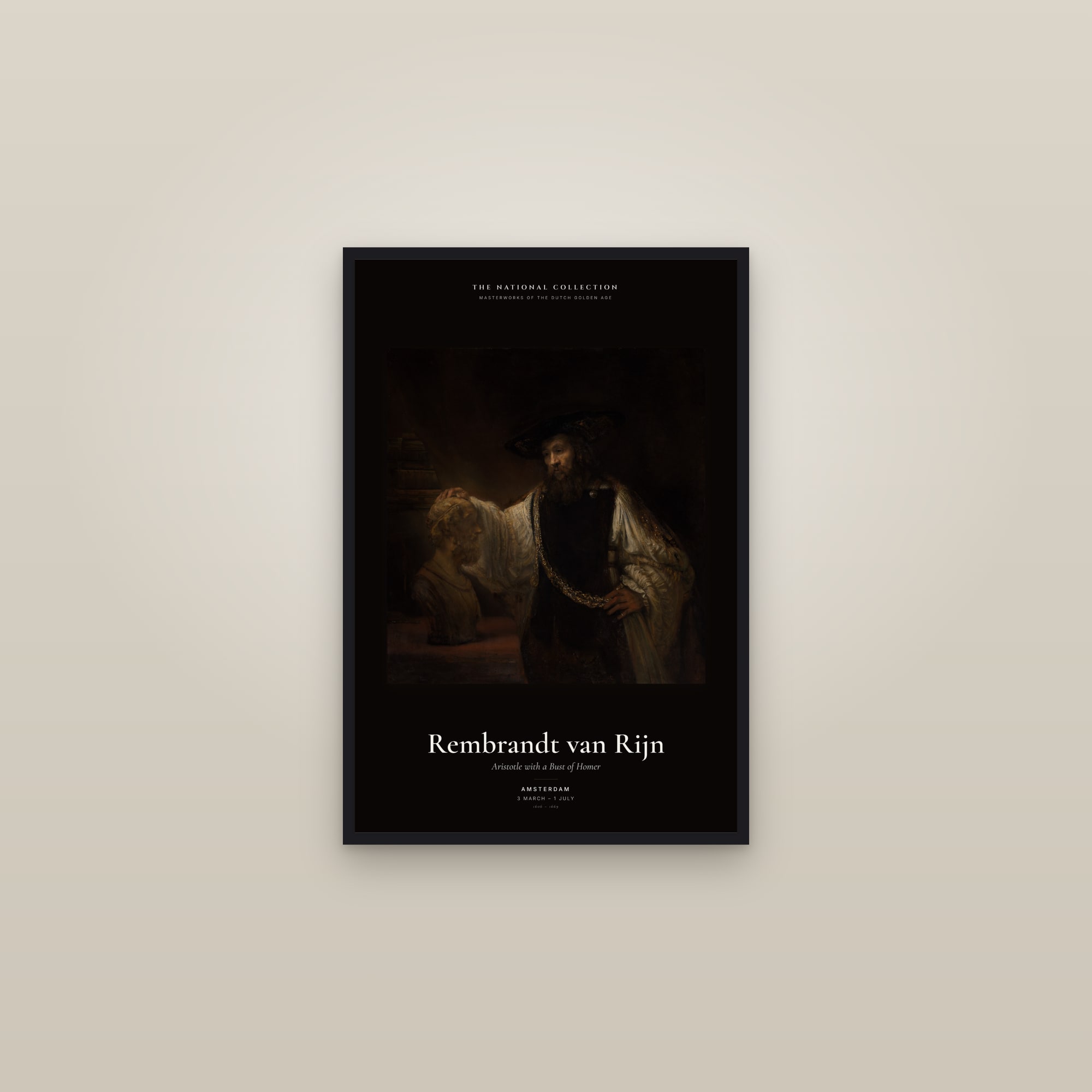 Aristotle with a Bust of Homer — Exhibition Poster — framed in a gallery setting