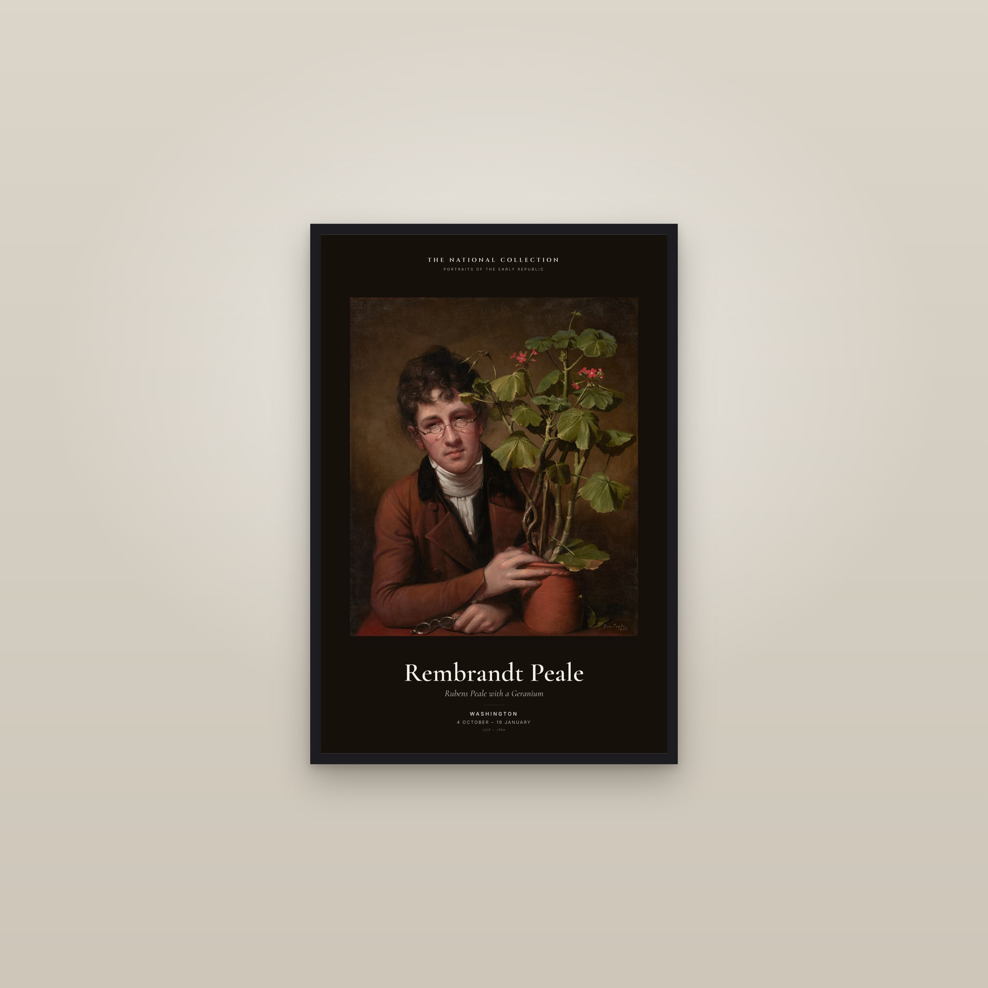 Rubens Peale with a Geranium — Exhibition Poster — framed in a gallery setting