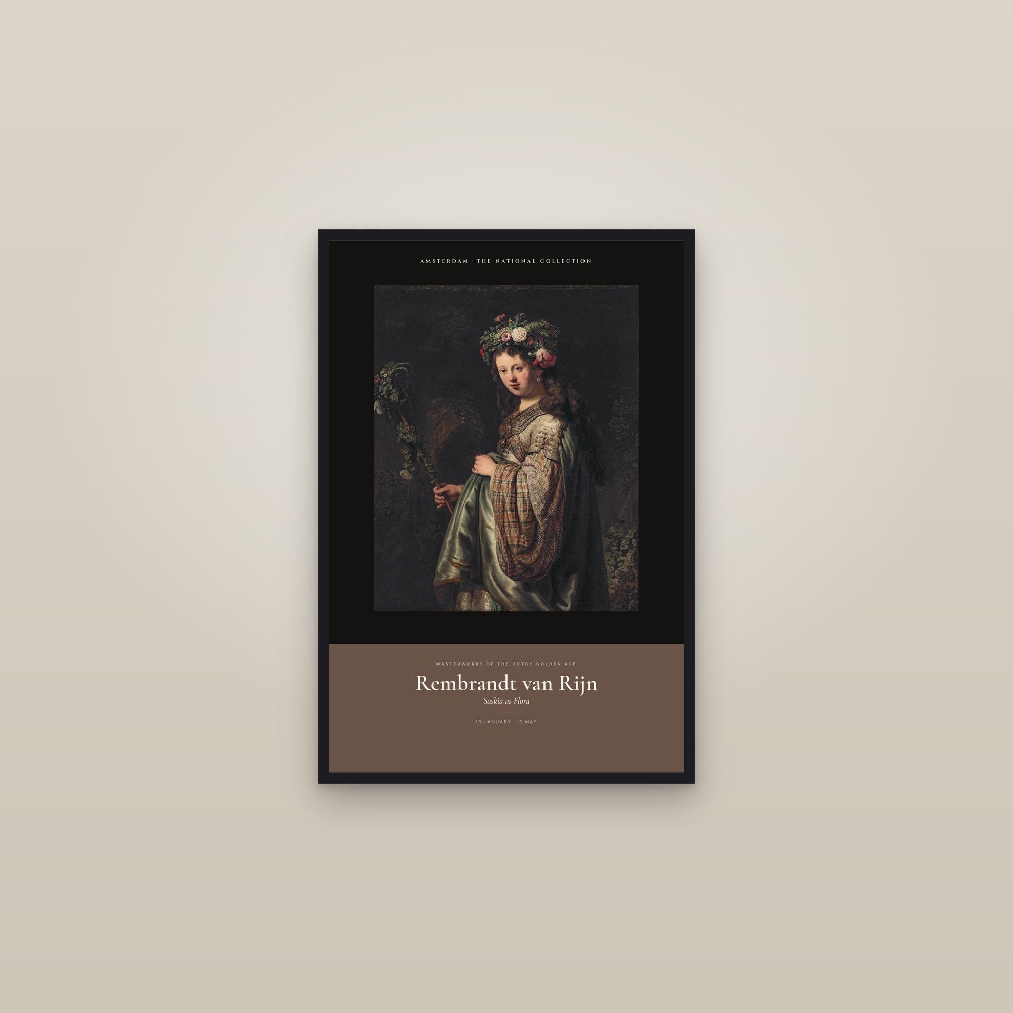Saskia as Flora — Exhibition Poster — framed in a gallery setting